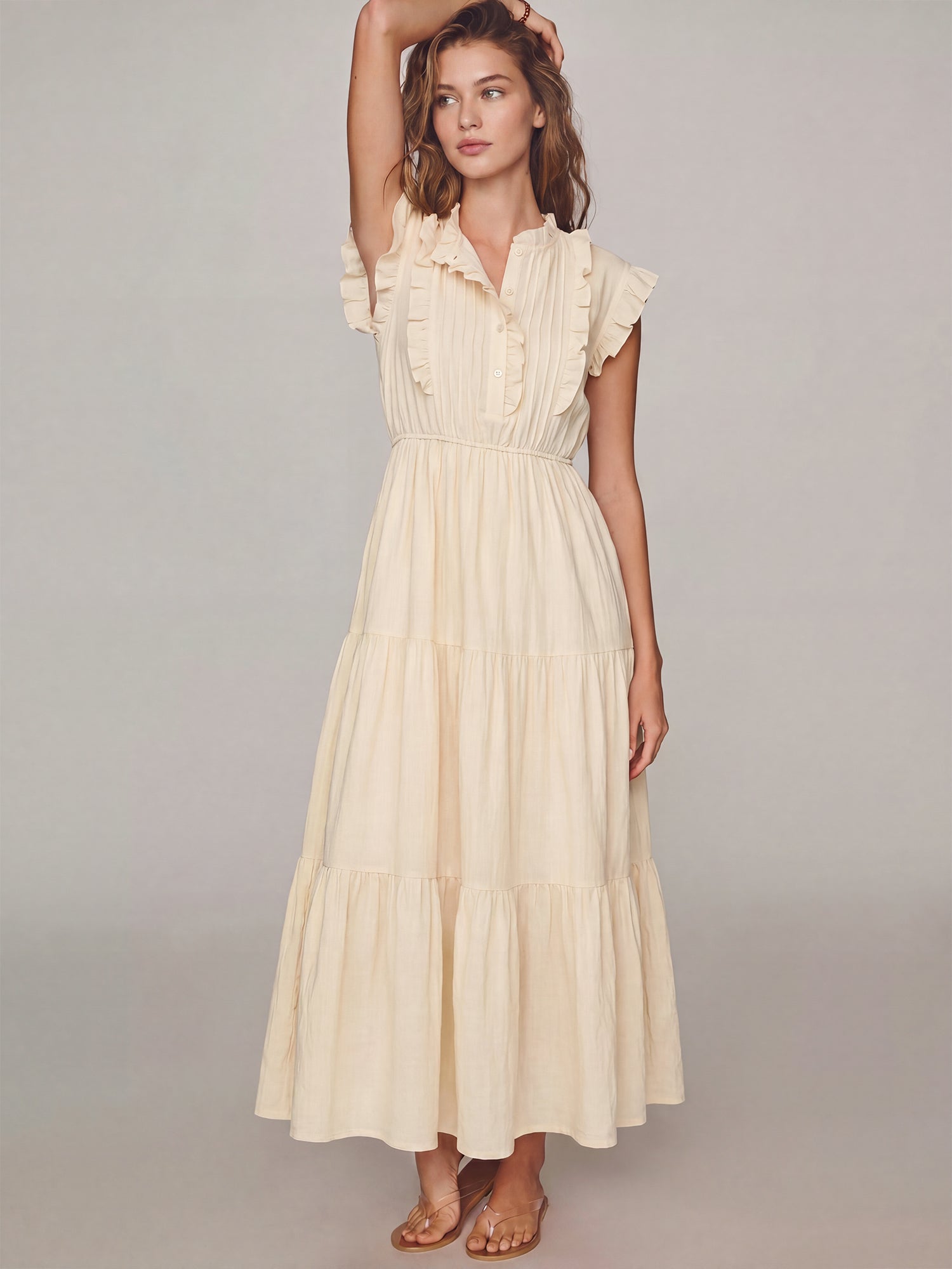 Ruffled Tiered Midi Dress - SMALL / BEIGE