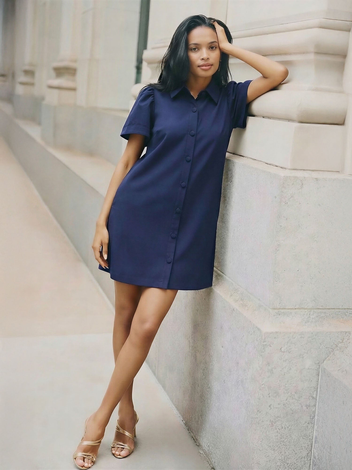 button down dress mini Short Sleeve Button Down Shirt Mini Dress - LARGE / BLUE
