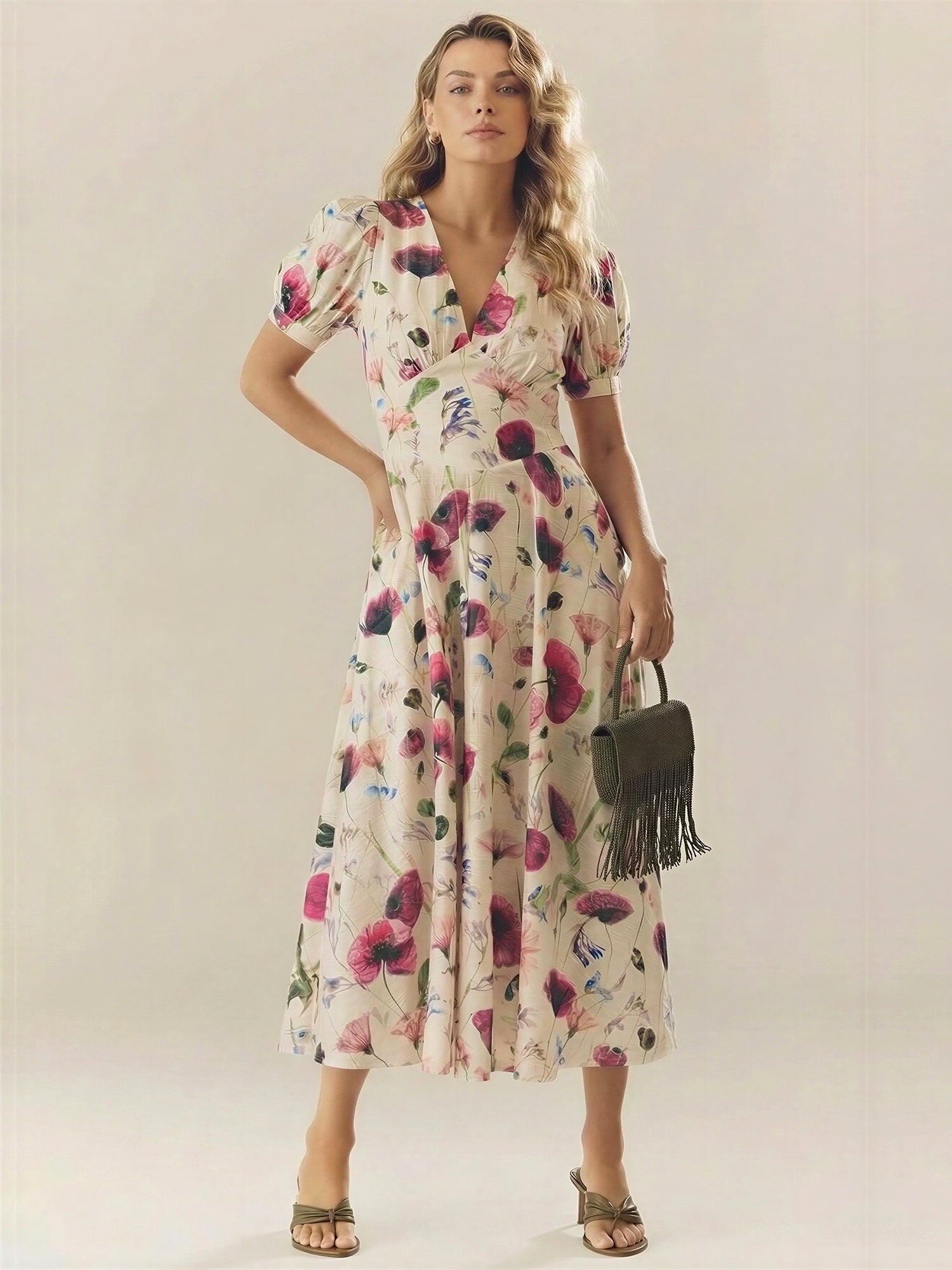 Bold Floral Puffed Sleeves With V-Neckline A-Line Linen Blend Maxi Dre New York & Company Bold Floral Puffed Sleeves With V-Neckline A-Line Linen Blend Maxi Dre New York & Company