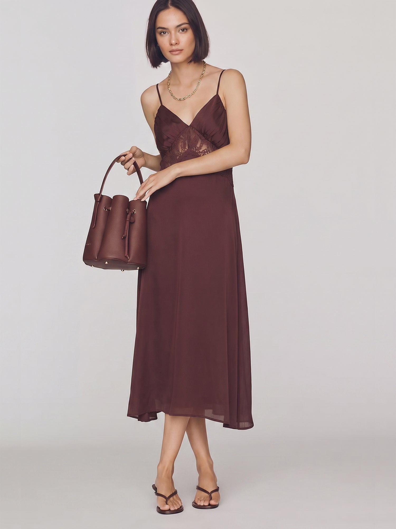 brown slip midi dress V Neck Lace In Set Detail Satin - MEDIUM / Designed with a deep Size:1 | S expedite STYLE 073 // SEQUIN