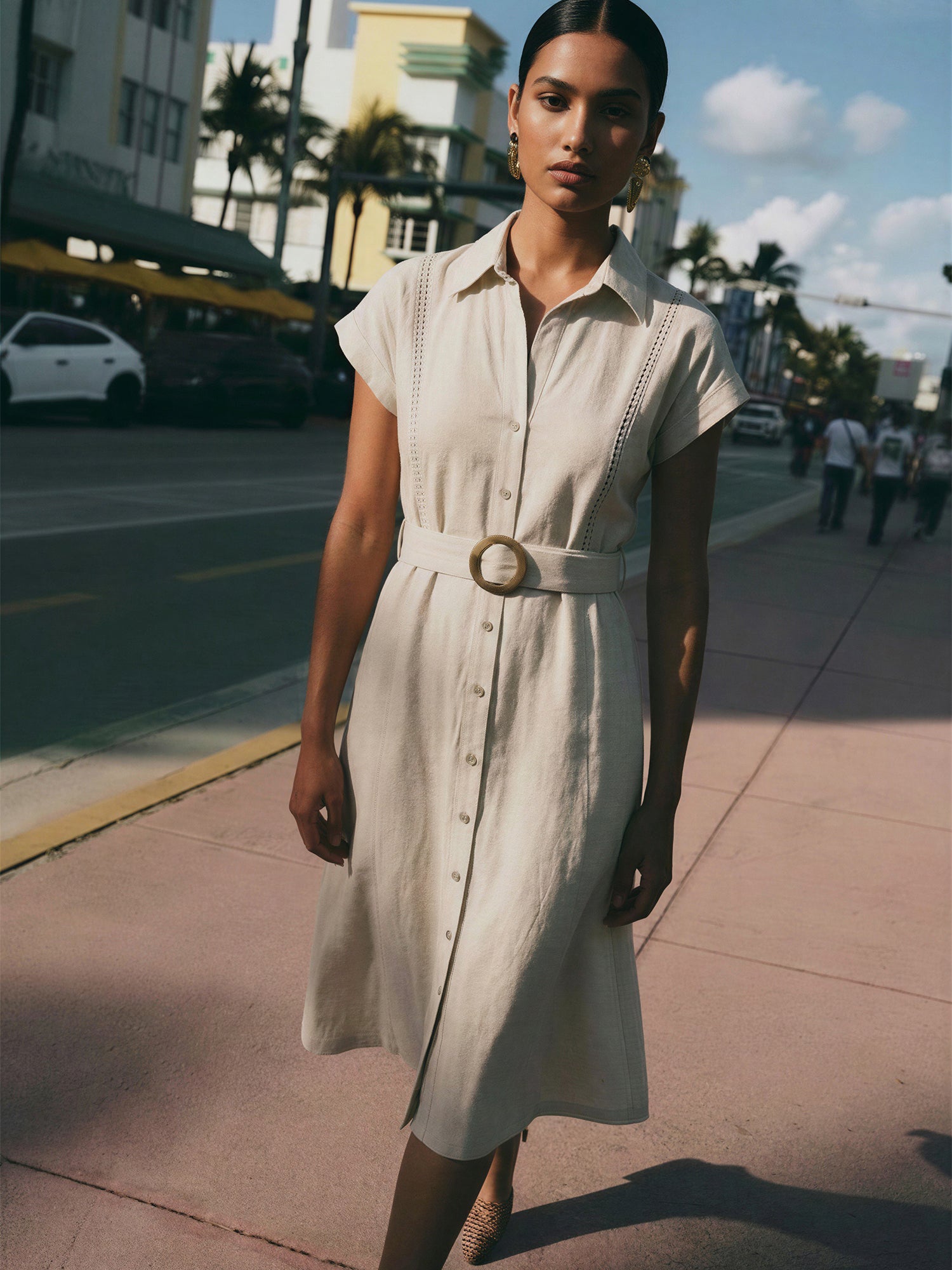 short sleeve linen midi dress Short Sleeve Crochet Trim Linen A Line Shirt Midi Dress - MEDIUM / NATURAL