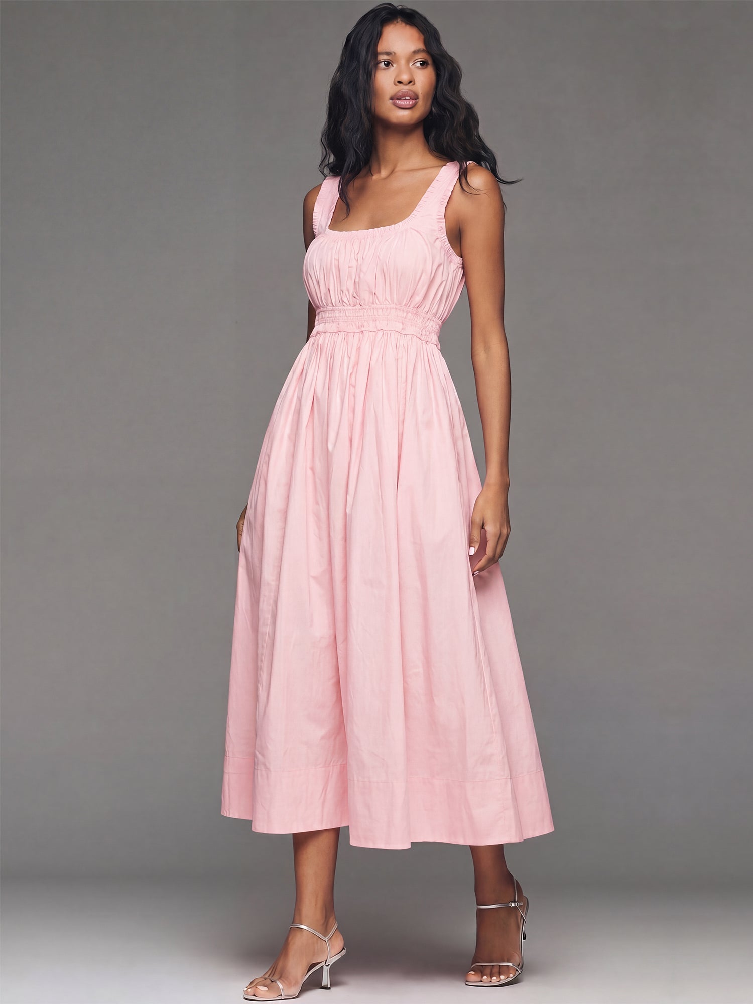 ruched poplin dress Olea Sky Blue Striped Cotton Poplin Ruched Midi Dress