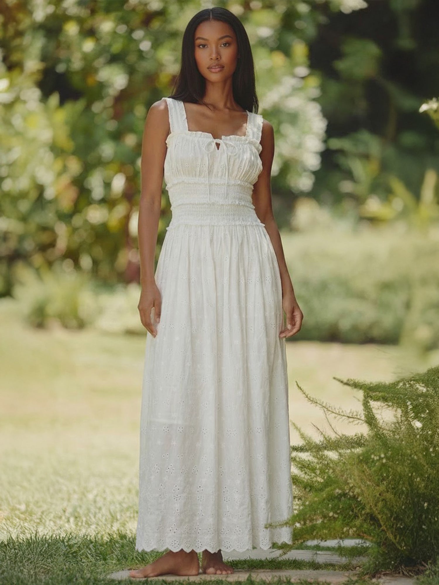 Square Neckline Smocked Bodice Eyelet Maxi Dress New York & Company Square Neckline Smocked Bodice Eyelet Maxi Dress New York & Company