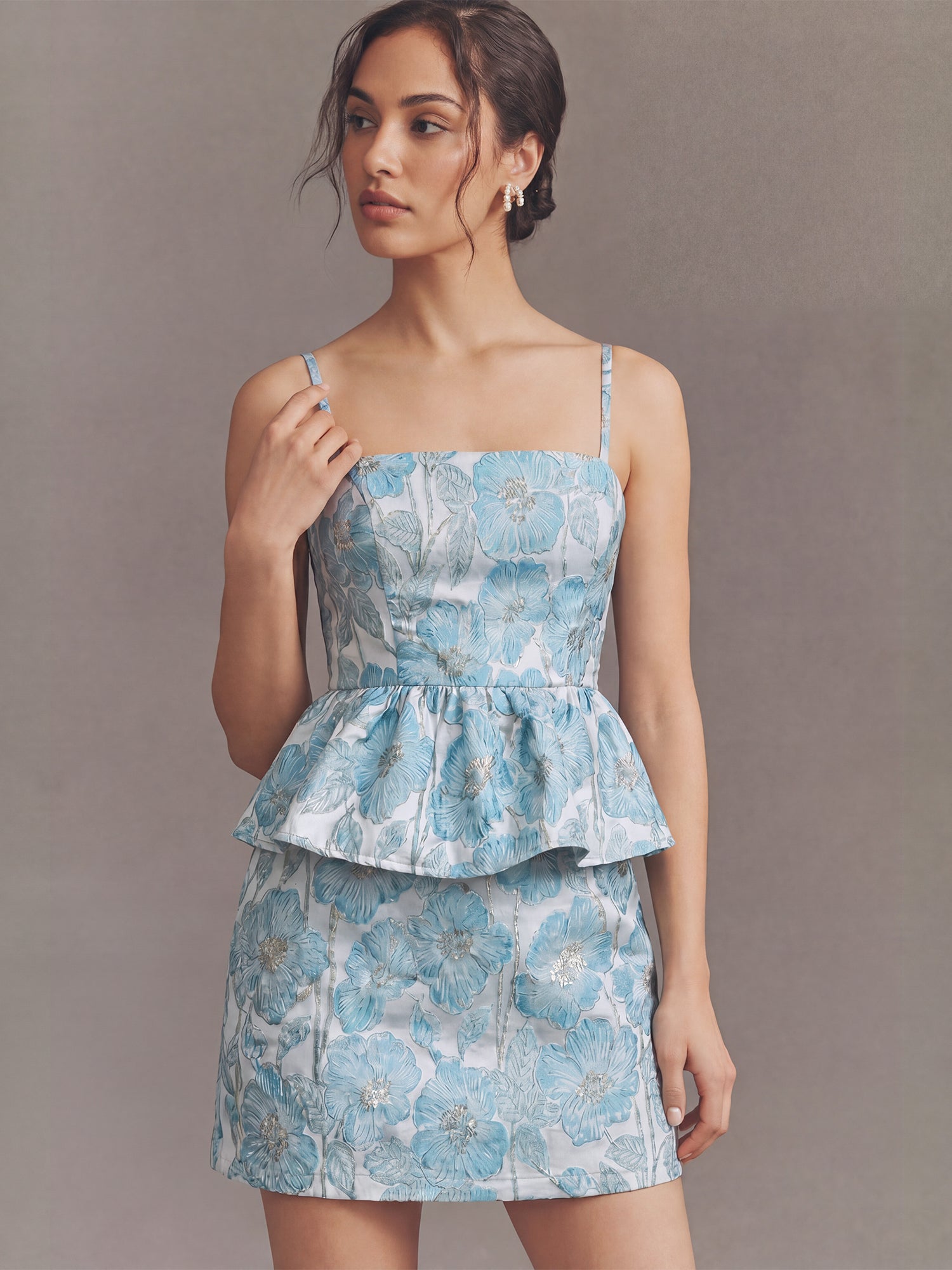 peplum dress mini Sleeveless Floral Jacquard Peplum Cocktail Mini Dress - SMALL / BLUE
