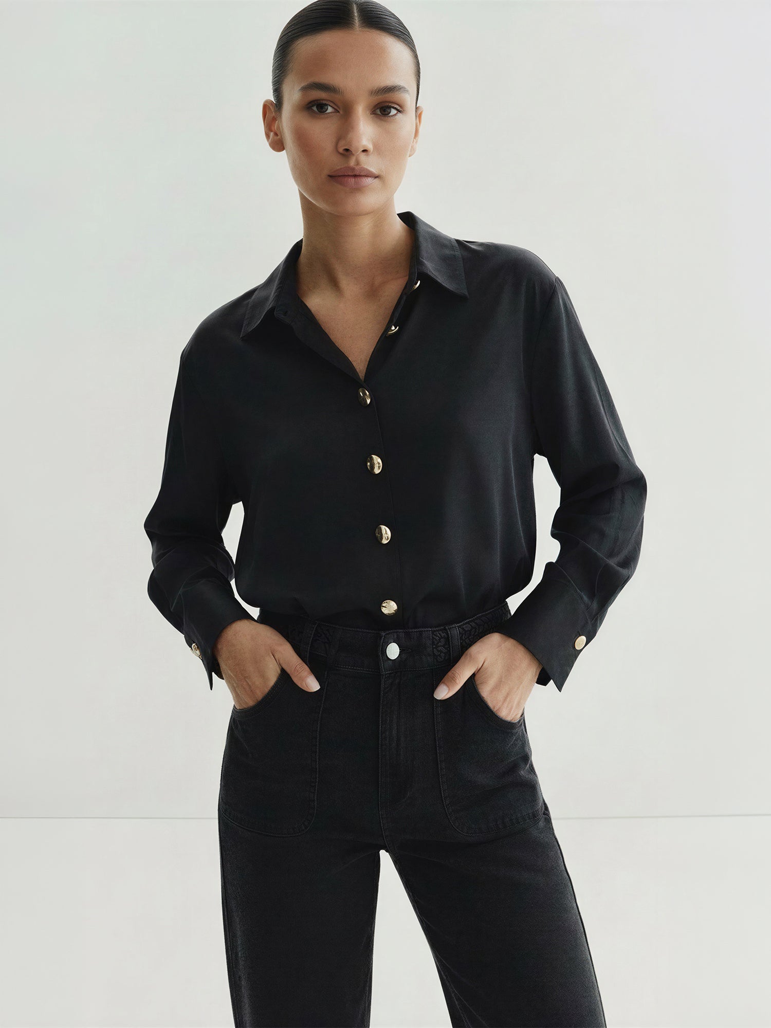 new york and company dress shirts Longsleeves Stretch Satin Button Down Shirt - SMALL / Black