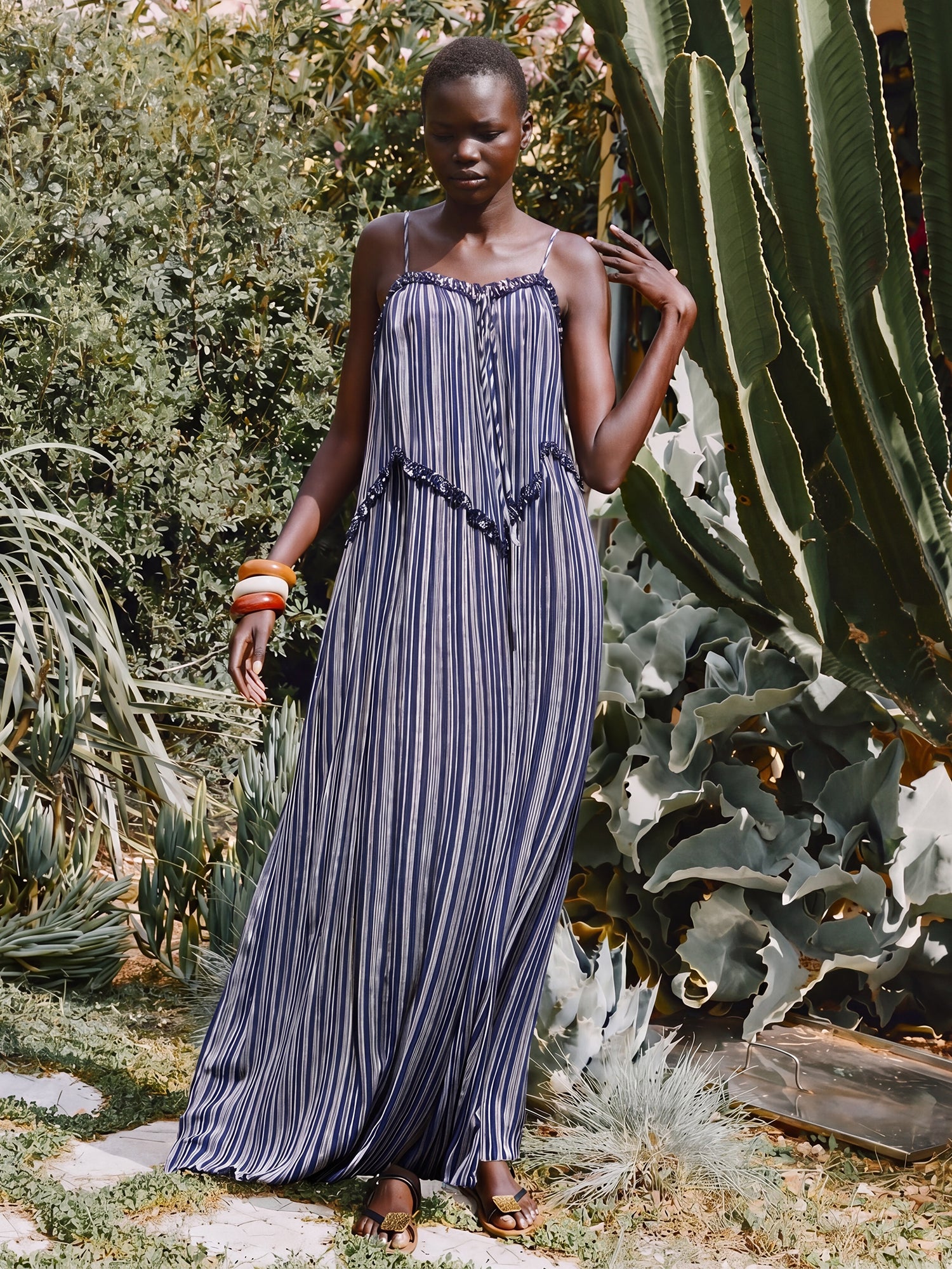 striped ruffle maxi dress Innovare Denim Inese Stripe Ruffle Maxi Dress, S