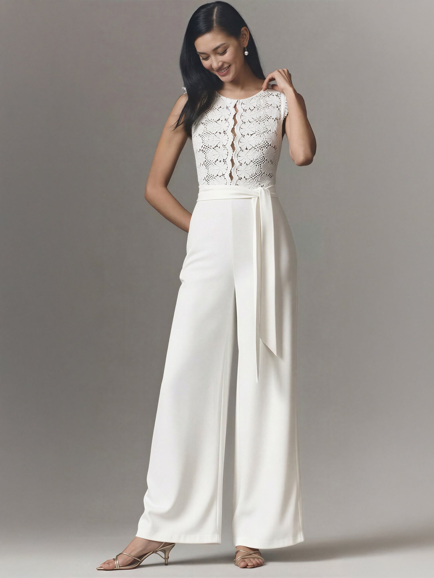 Lace Top Knit Jumpsuit - SMALL / White - White