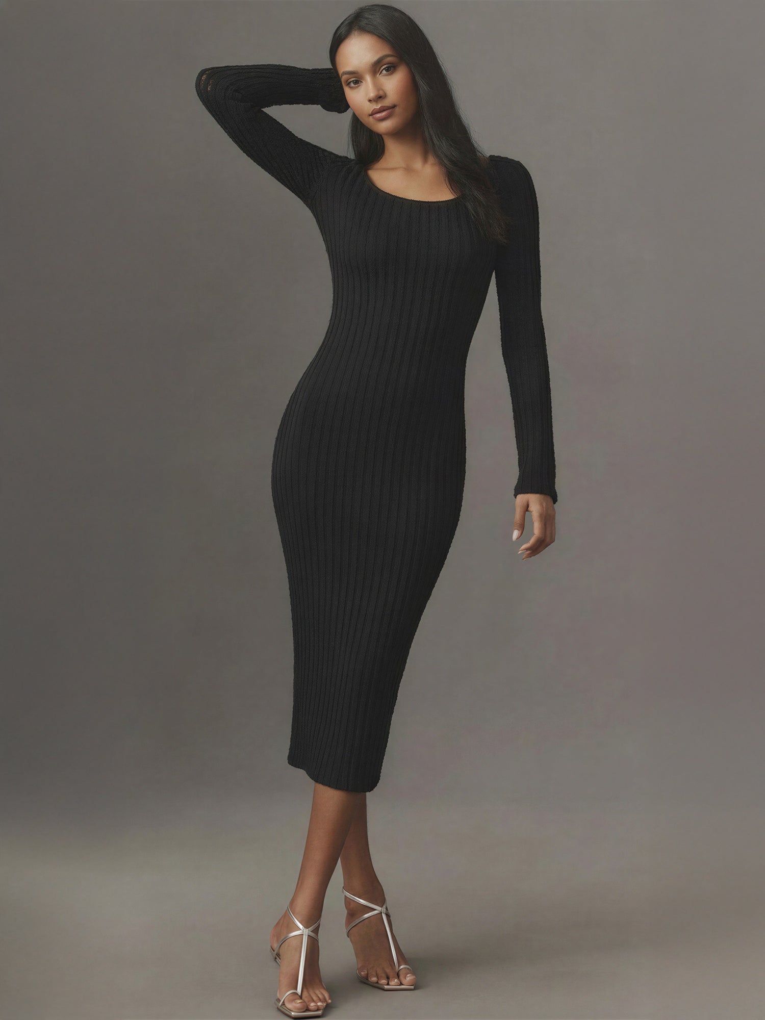 Long Sleeve Open Back Textured Knit Midi Dress - SMALL / White - White