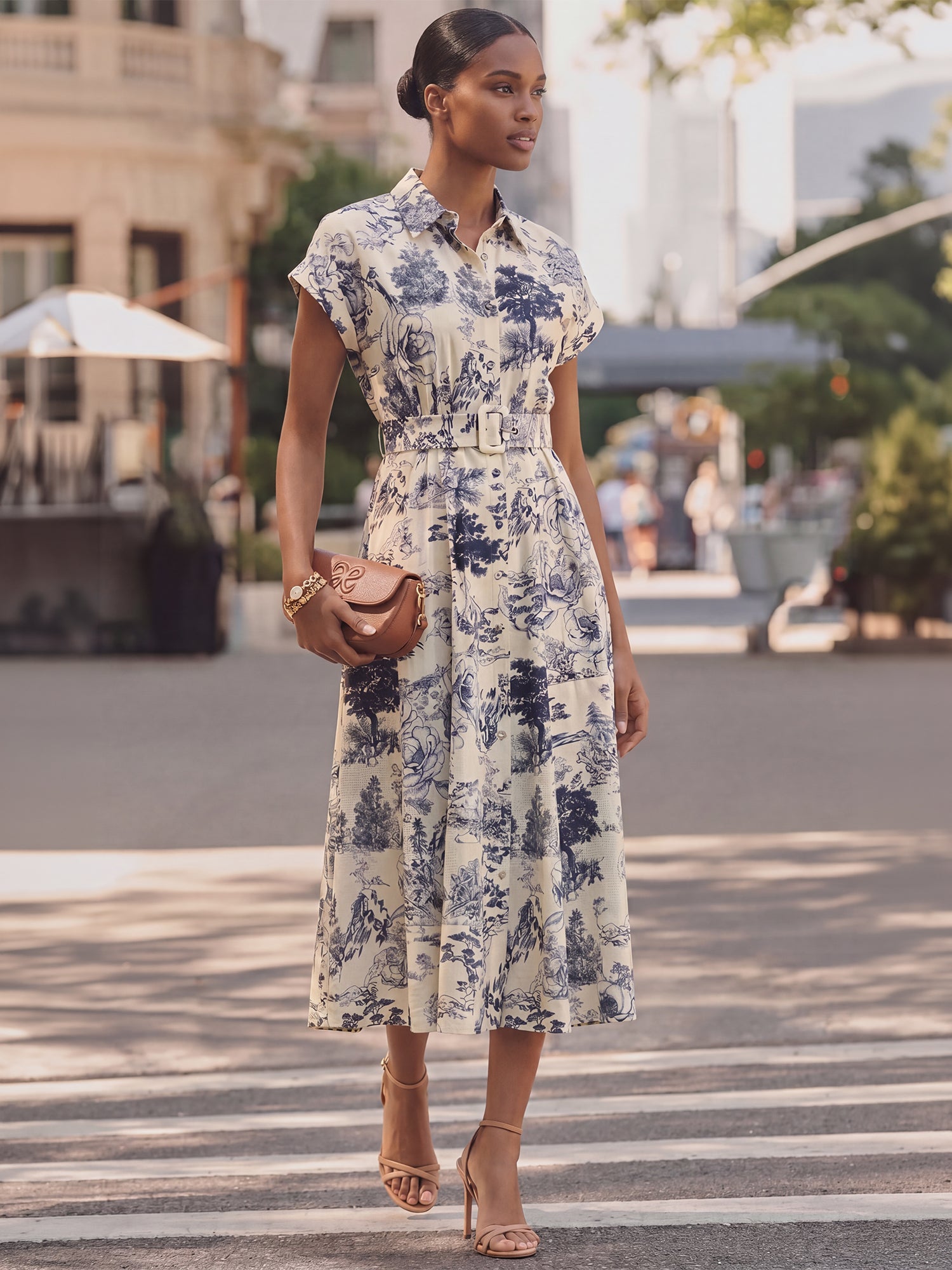 Toile Print Button Down Shirt Midi Dress - LARGE / BEIGE