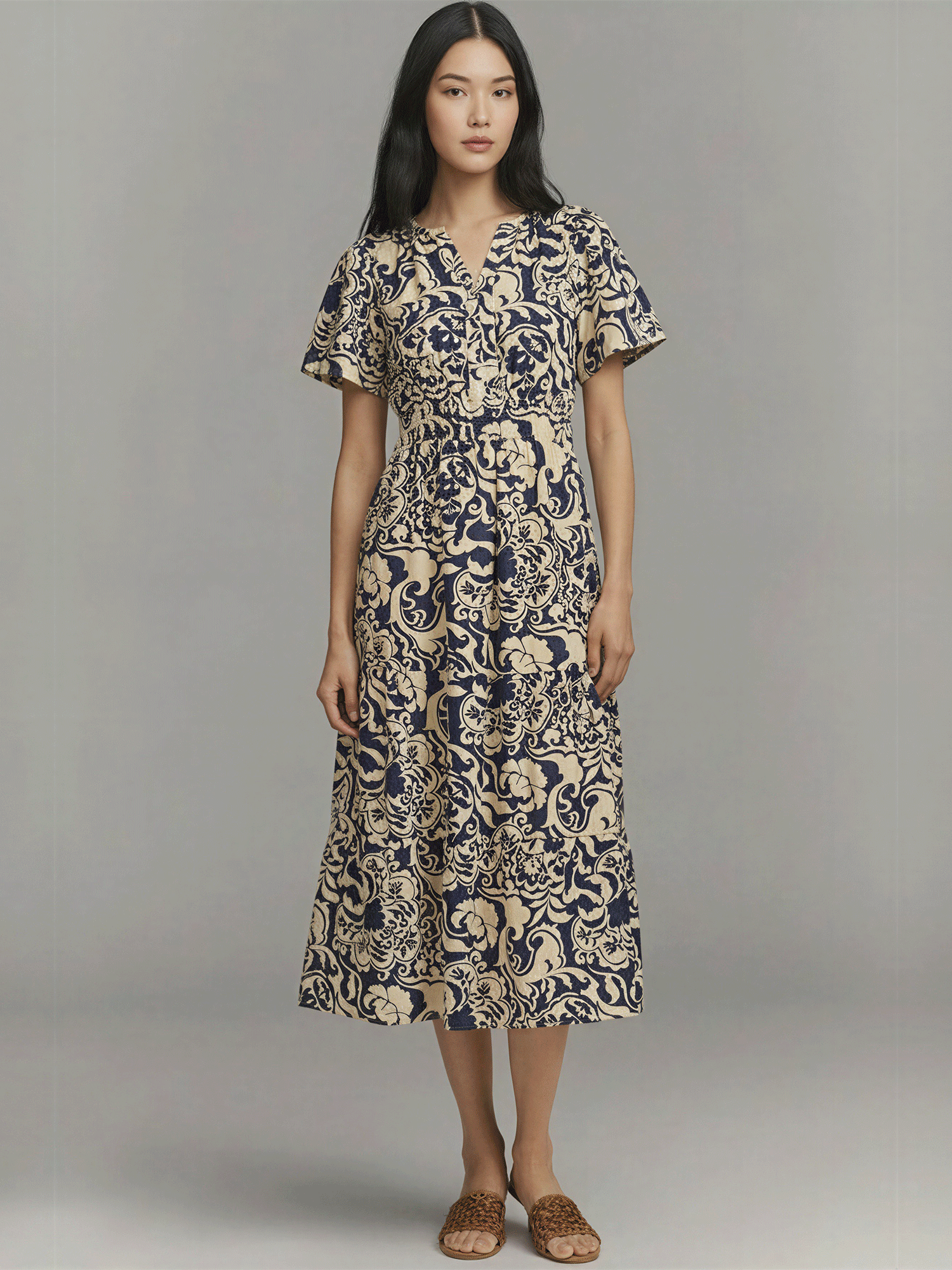short puff sleeve midi dress Short Puff Sleeve Printed Midi Dress - MEDIUM / BLUE