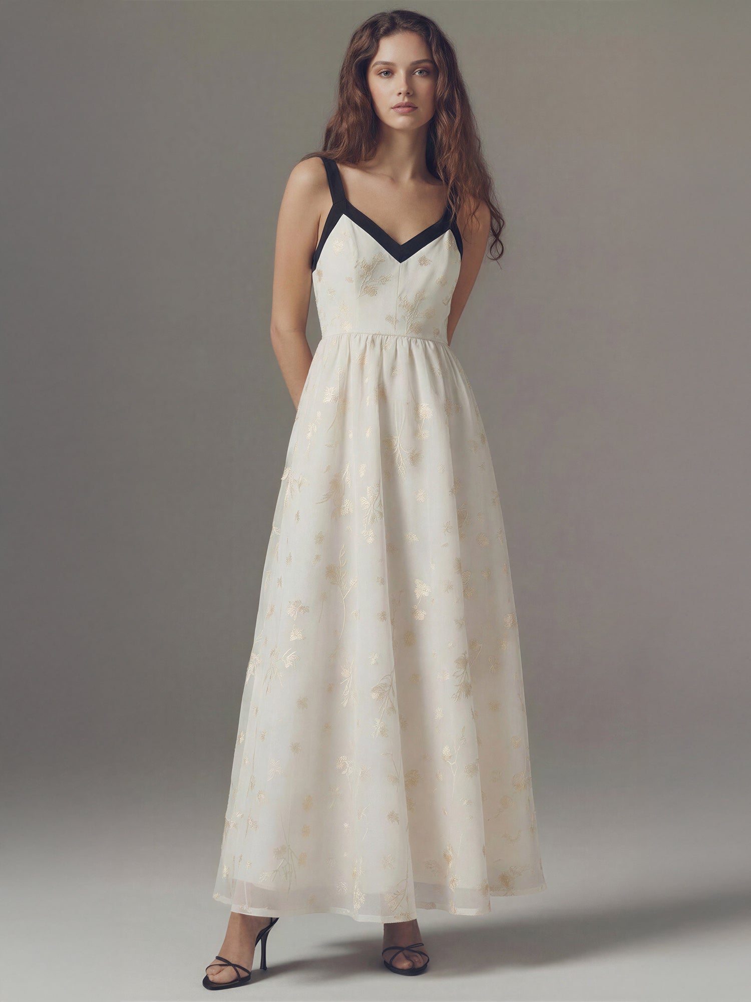 V Neck Contrast Floral Midi Dress - SMALL / NATURAL