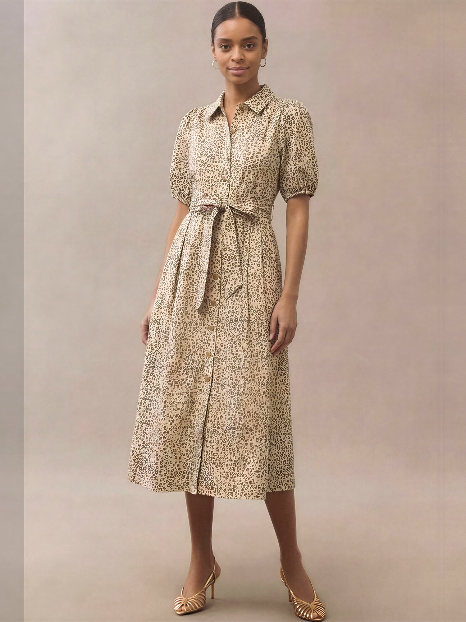 Short Puff Sleeve Tie Waist Animal Print Midi Shirt Dress – New York &  Company