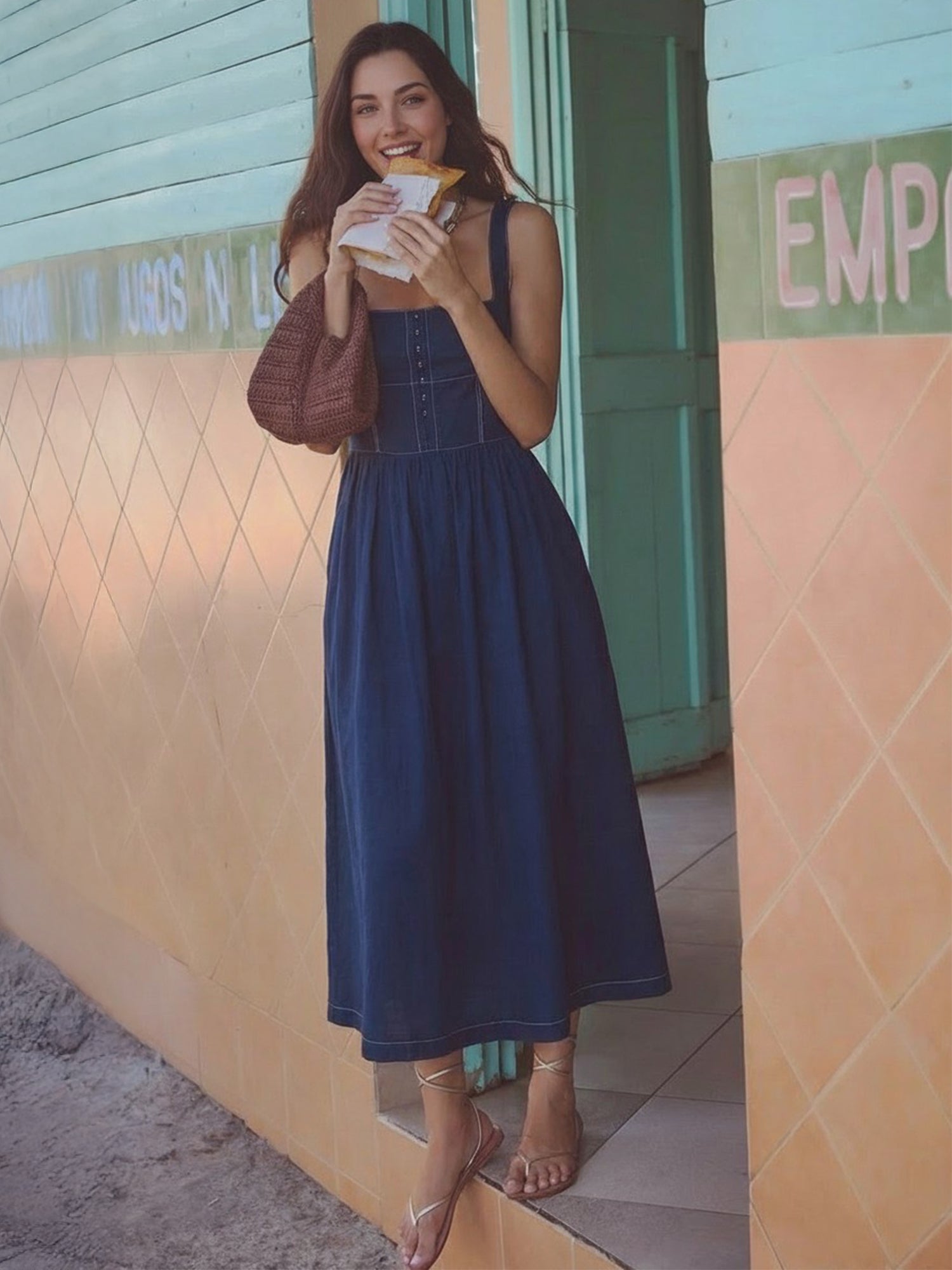 Square Neck Fit And Flare Midi Dress - SMALL / BLUE - NAVY Square Neck Fit And Flare Midi Dress - SMALL / BLUE - NAVY