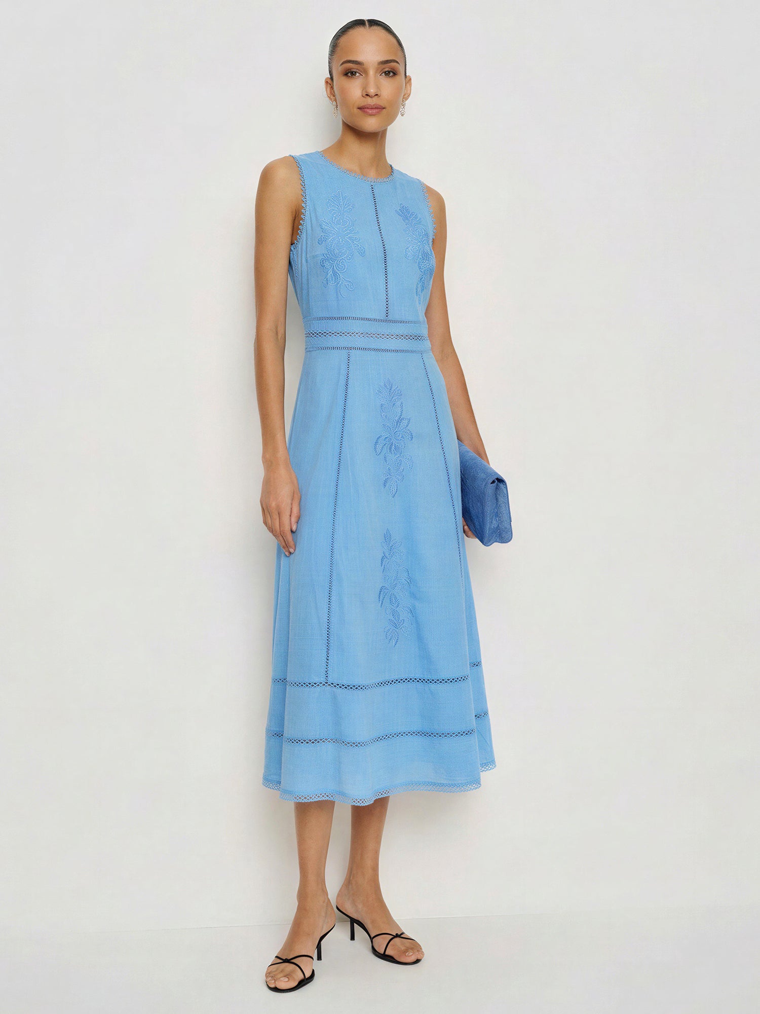Katie Inset Lace Trim A-Line Maxi Dress - SMALL / BLUE