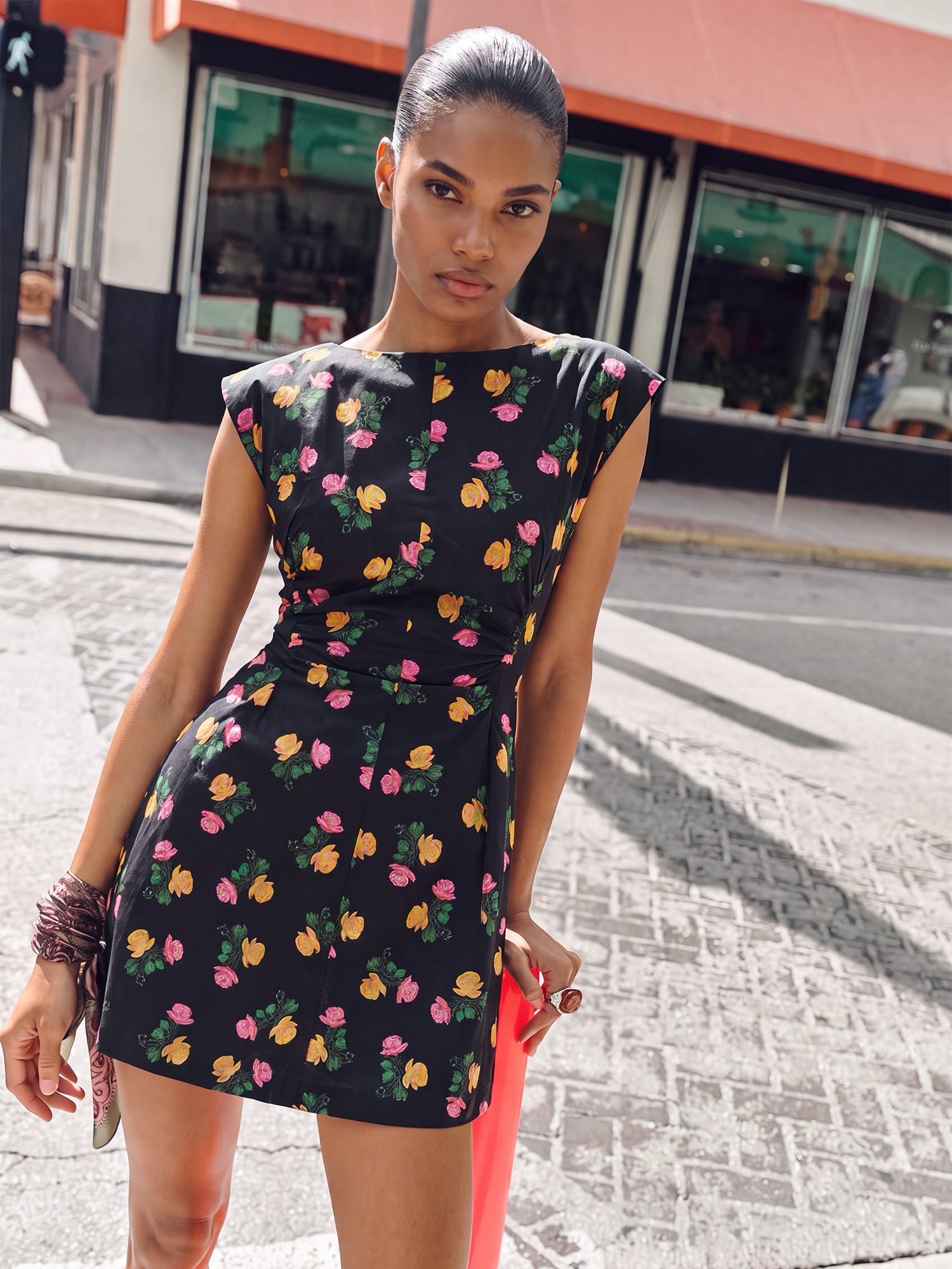 Sleeveless Cap Sleeve Boat Neck Floral A Line Mini Dress - SMALL / Black