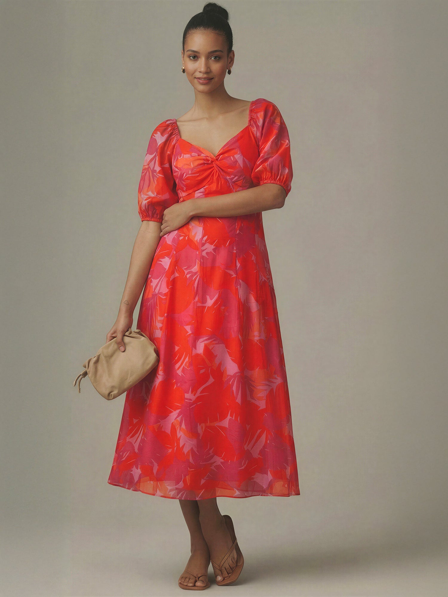 Short Sleeve Bold Floral Print Midi Dress - SMALL / RED