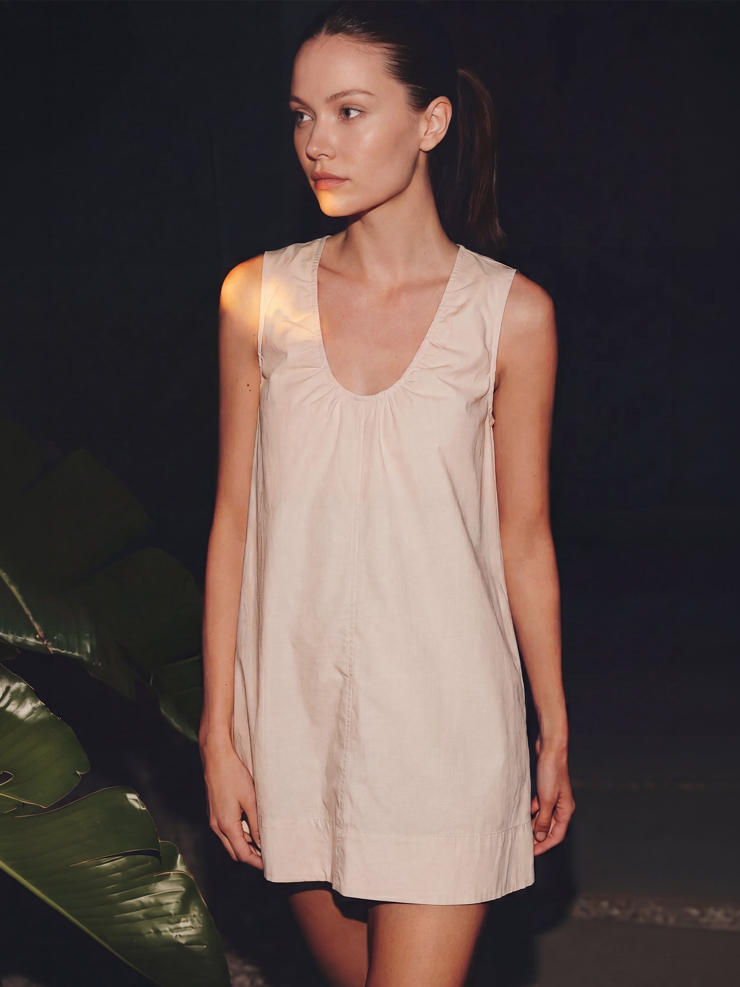 Sleeveless Scoop Neck Shift Mini Dress - SMALL / BEIGE