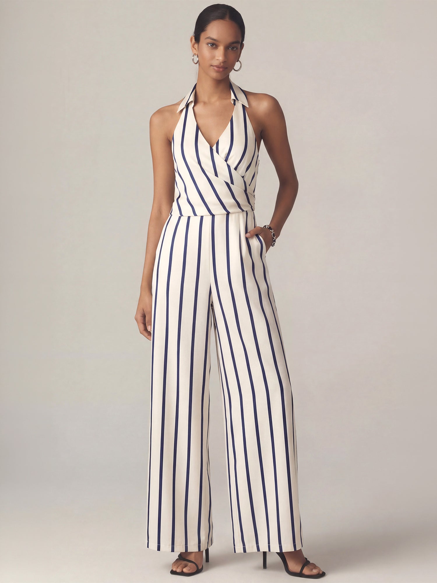 Sleeveless Collared Stripe Wrap Front Jumpsuit – New York & Company