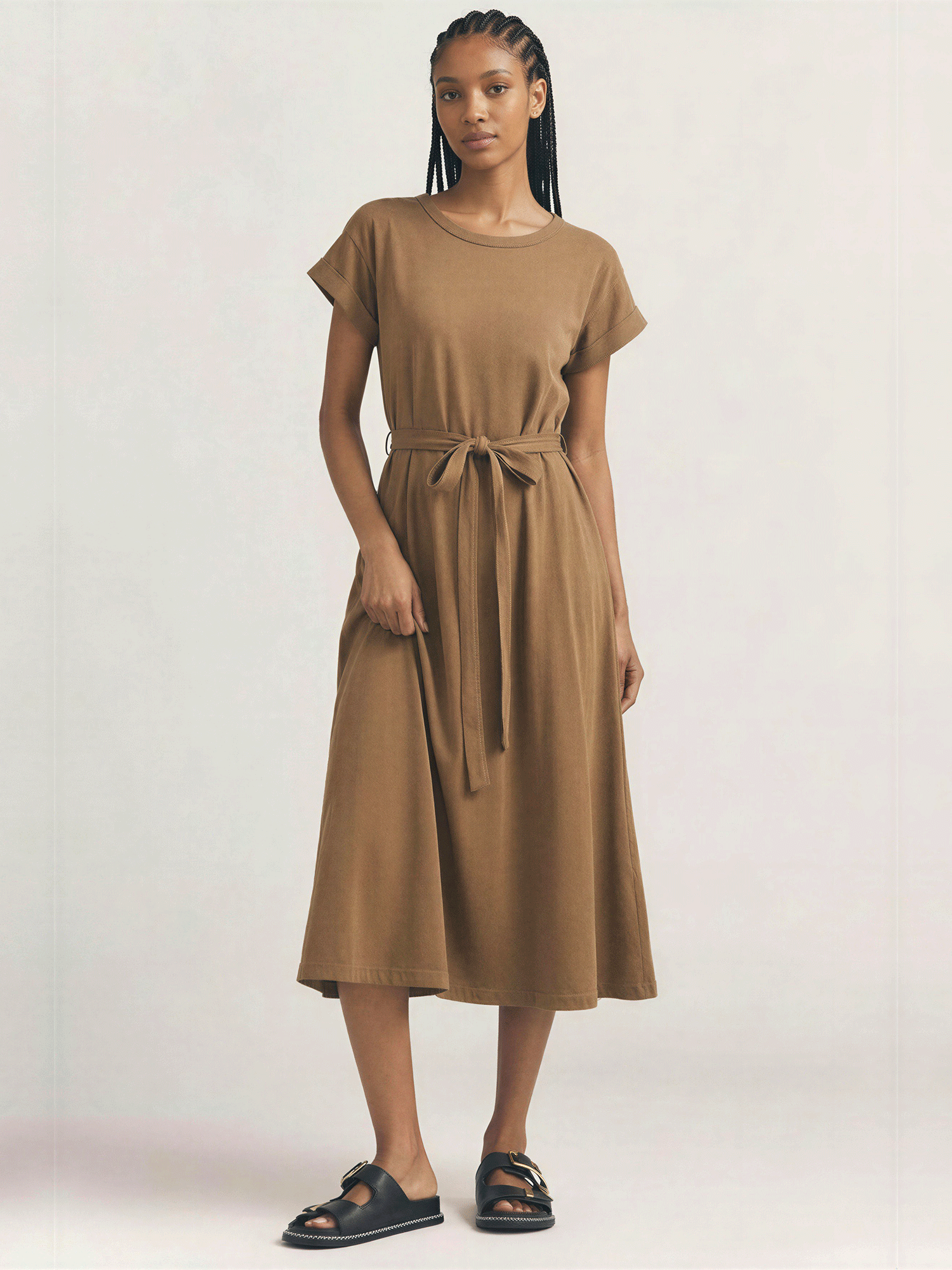 Short Sleeve Tie Waist T-Shirt Midi Dress - MEDIUM / GREEN