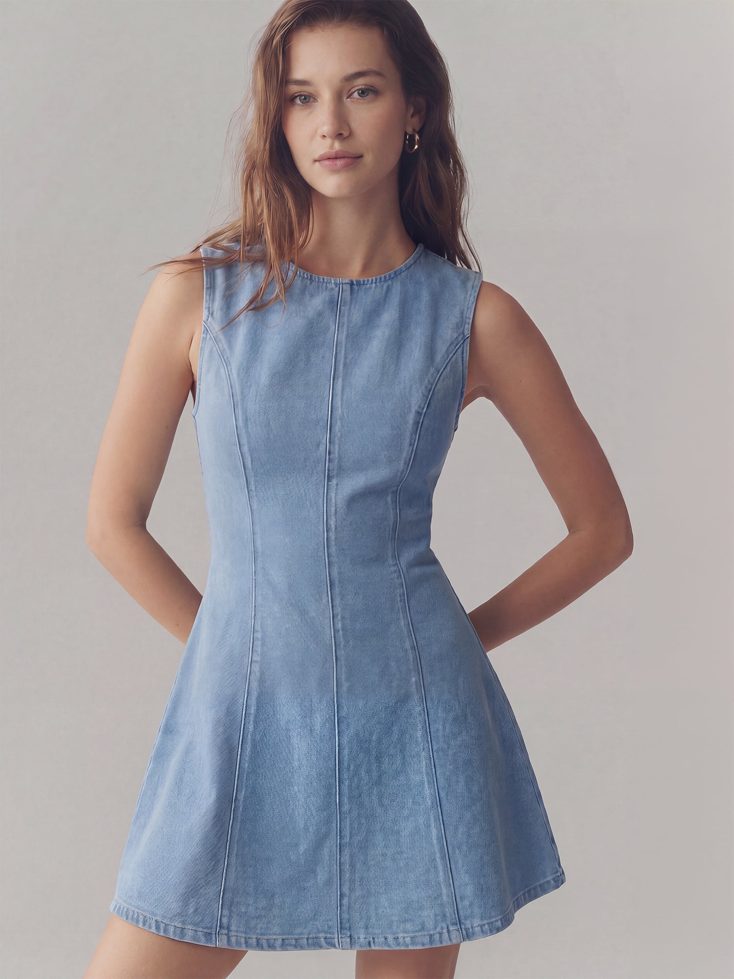 Sleeveless Denim Fit And Flare Mini Dress - LARGE / BLUE - MEDIUM BLUE WASH Sleeveless Denim Fit And Flare Mini Dress - LARGE / BLUE - MEDIUM BLUE WASH