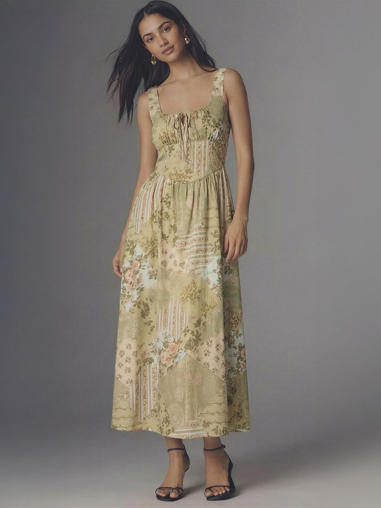 inc floral print maxi dress Sleeveless Quilt Floral Print Maxi Dress - MEDIUM / GREEN