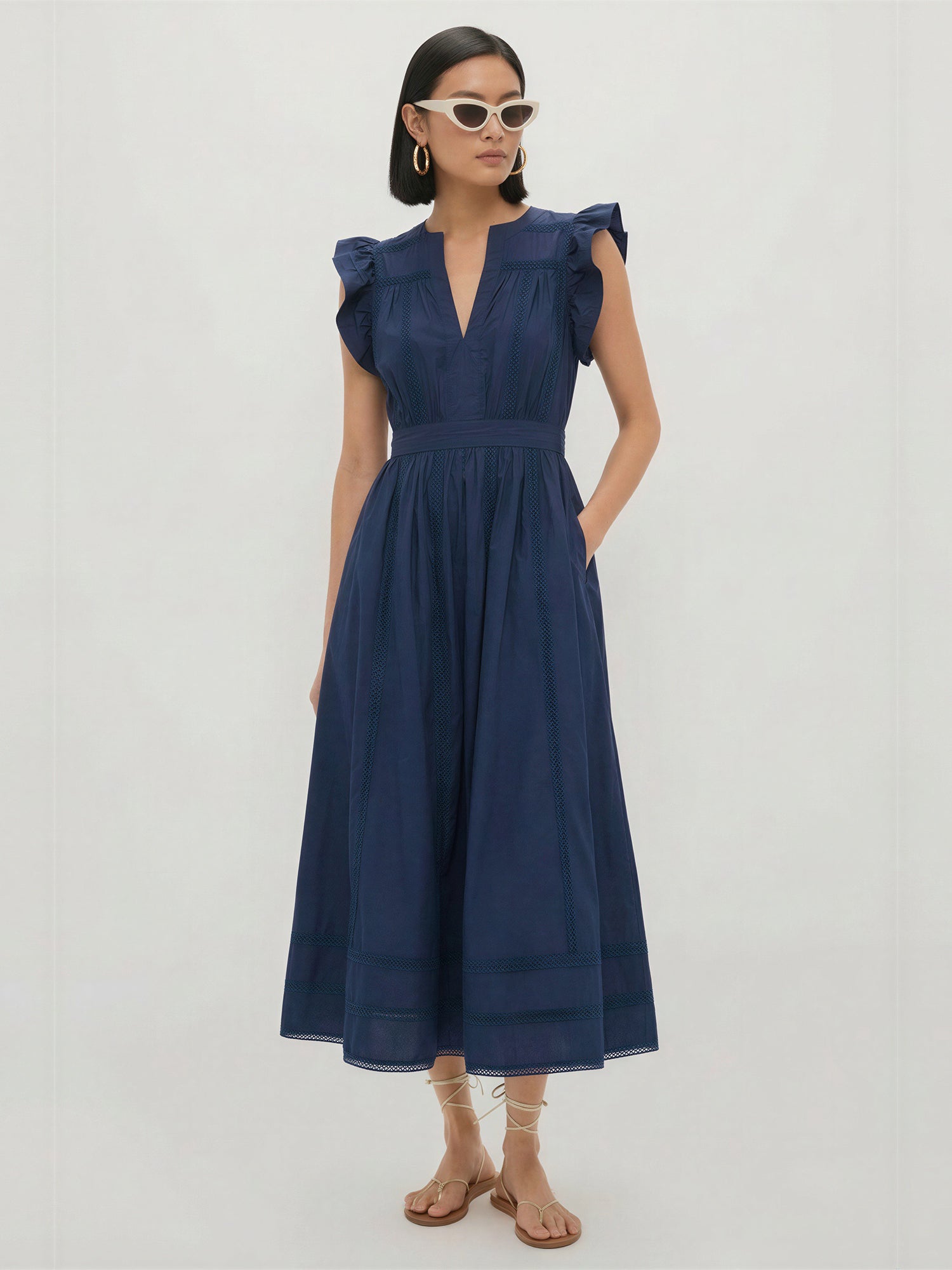 flutter sleeve v neck dress Notched Collar V-Neck Flutter Sleeve A-Line Cotton Dress - LARGE / White