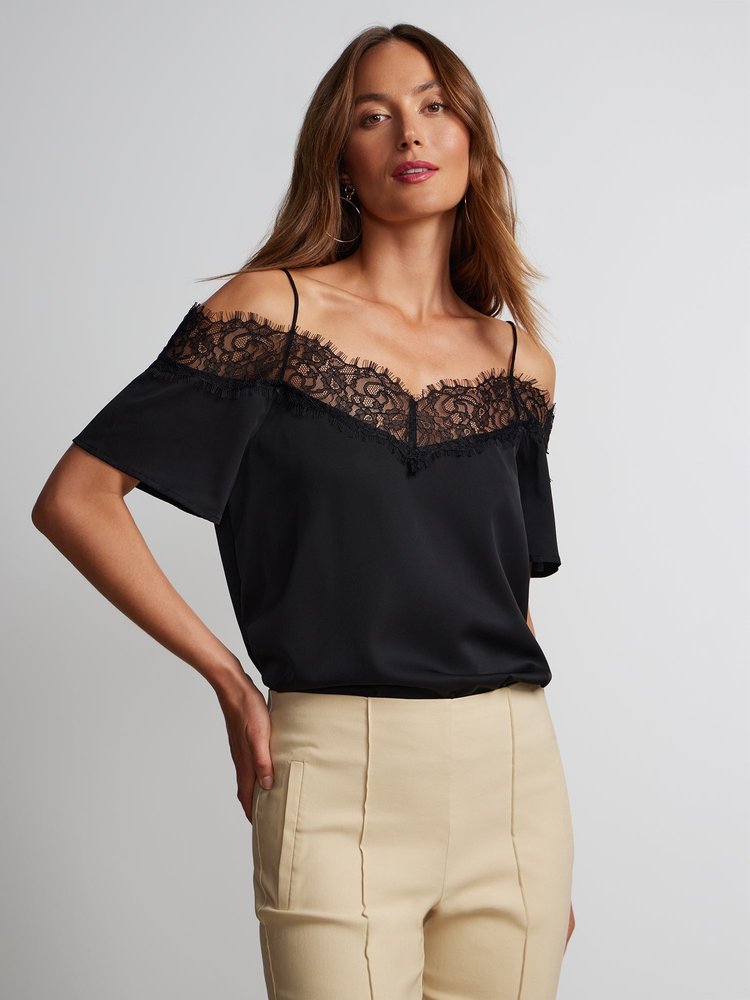 Short Sleeve Lace Trim Cold Shoulder Top – New York & Company
