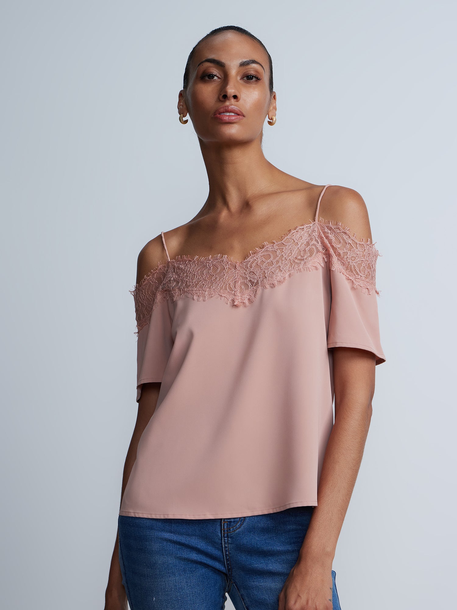 Short Sleeve Lace Trim Cold Shoulder Top – New York & Company
