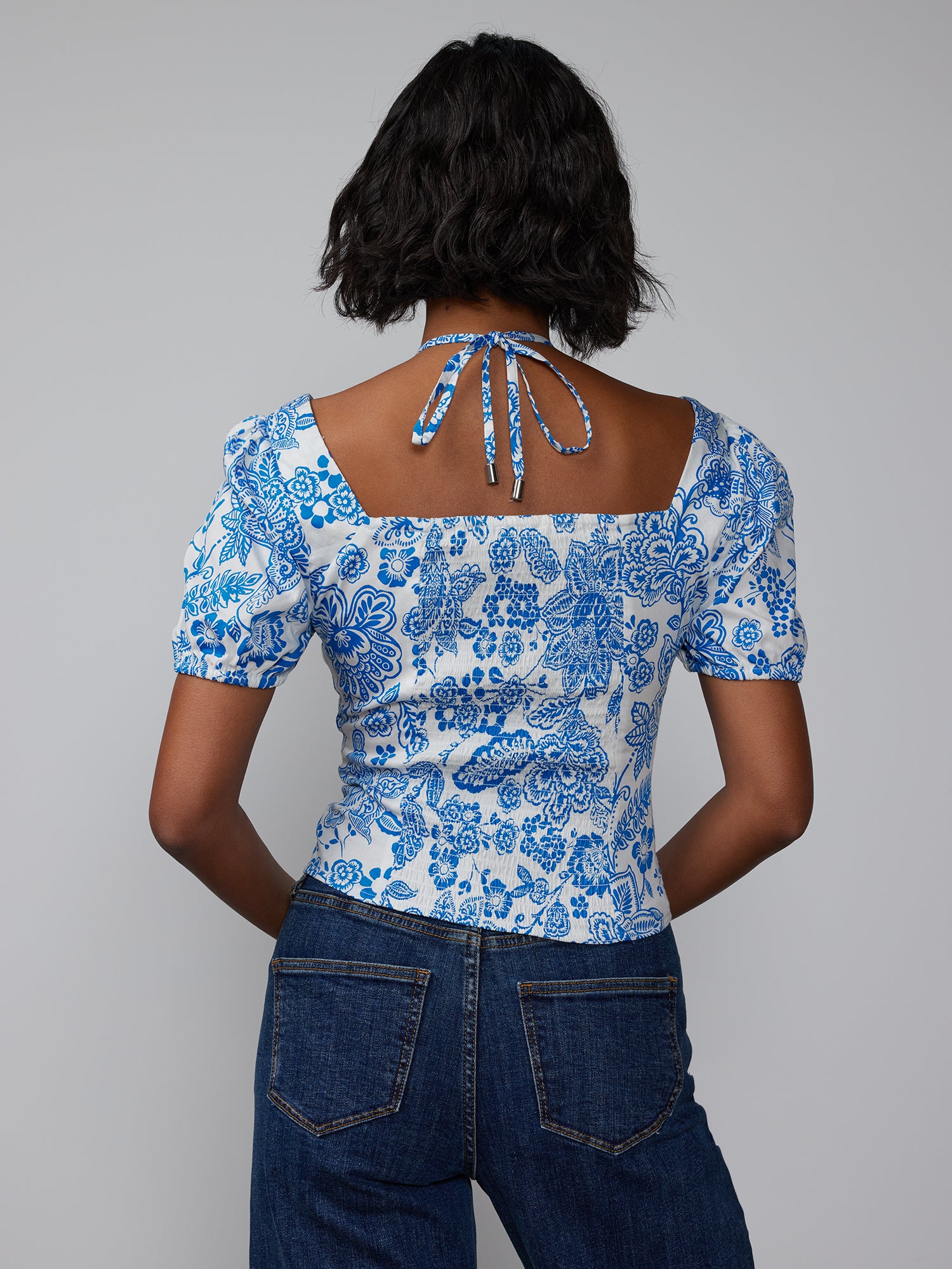 Puff Sleeve Tie Neck Paisley Print Top