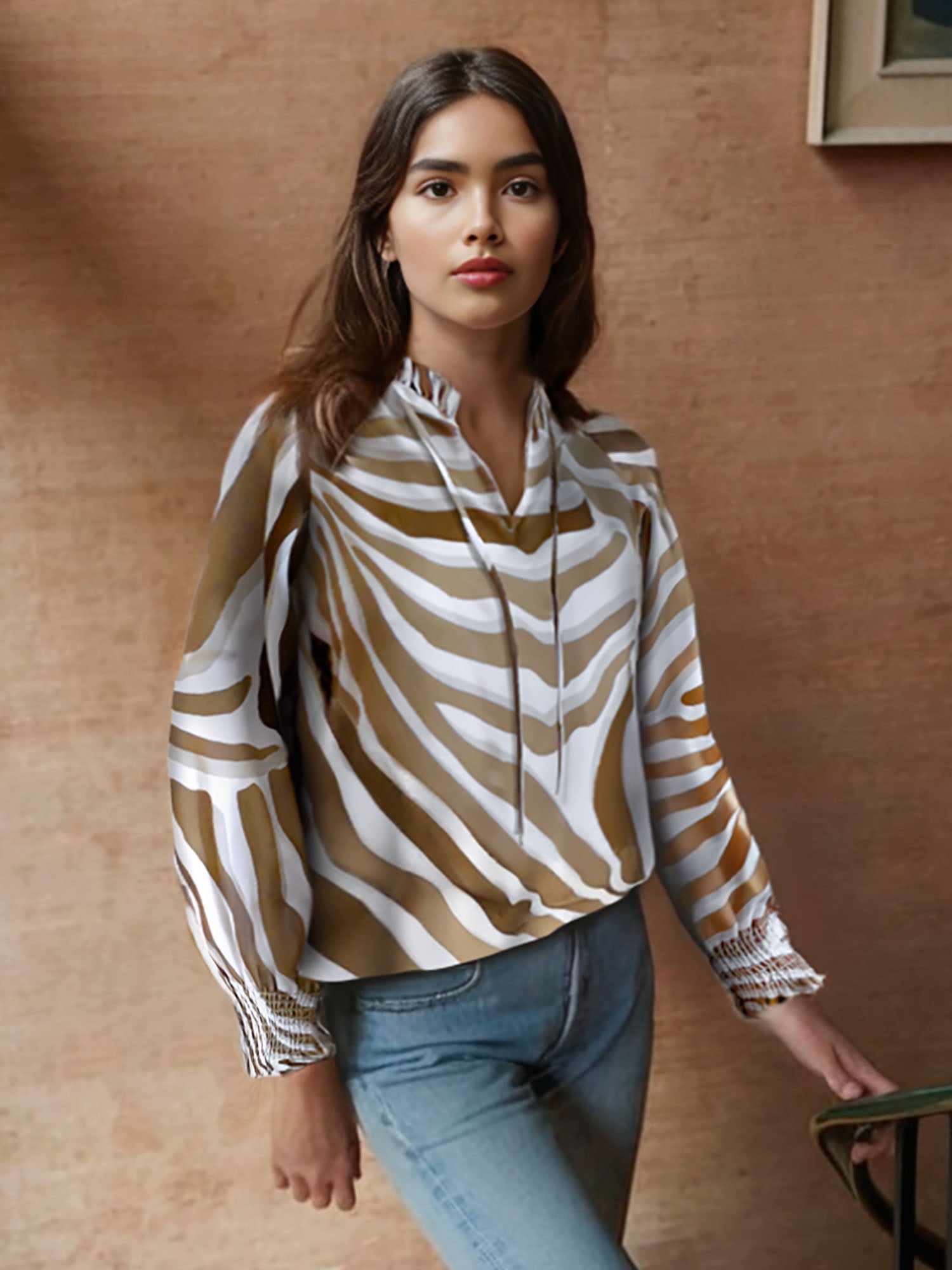 Zebra Print Ruffle Neck Top