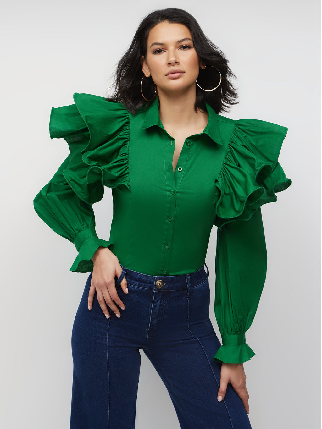 RuffleShoulder ButtonFront Poplin Shirt New York & Company