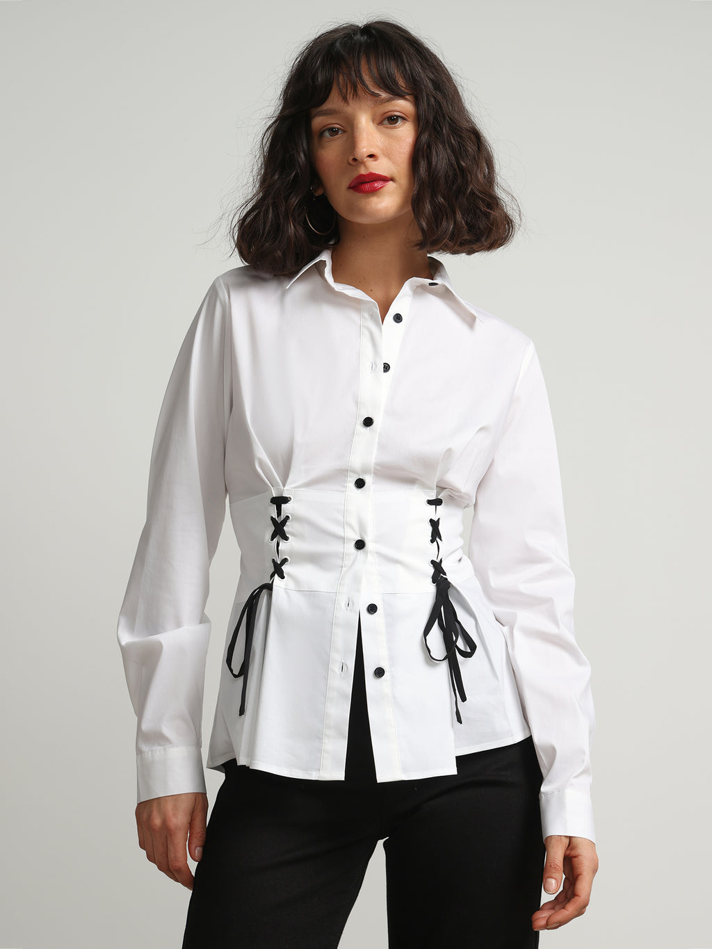 white christmas dresses Corset-Lace Button-Front Poplin Shirt – New York & Company