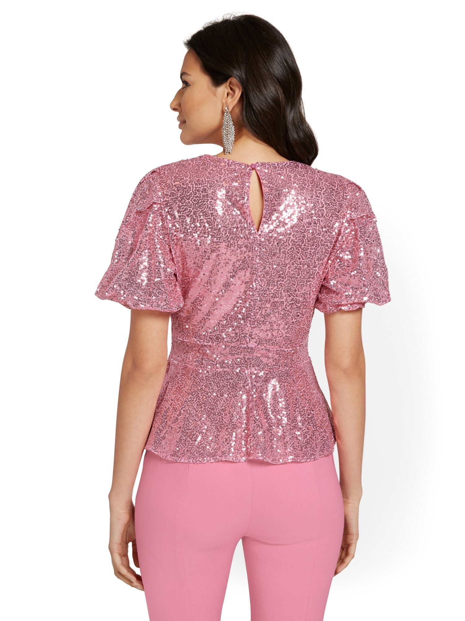 Sequin Puff-Sleeve Peplum Top – New York & Company