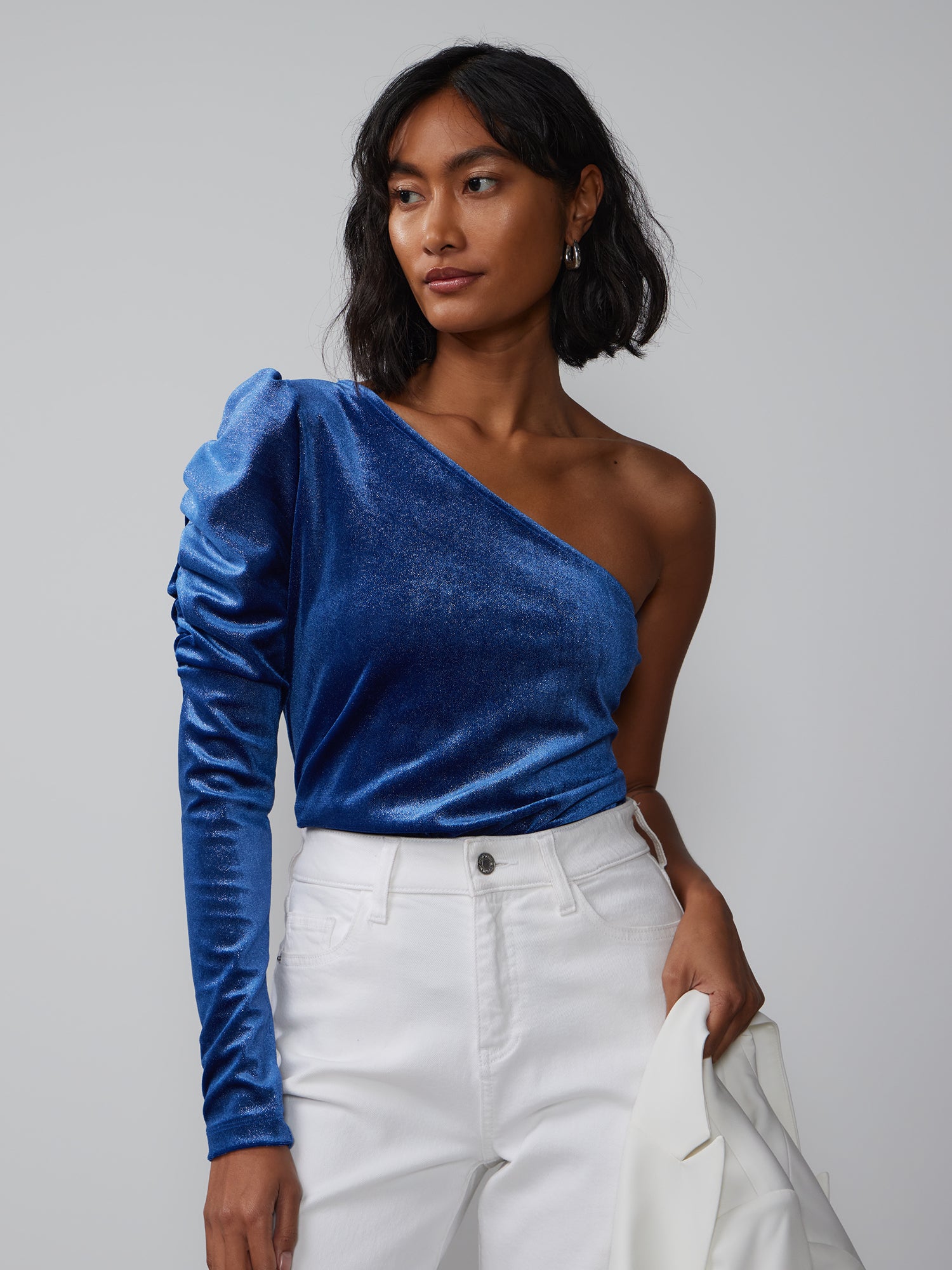Velvet Ruched Sleeve One Shoulder Top – New York & Company