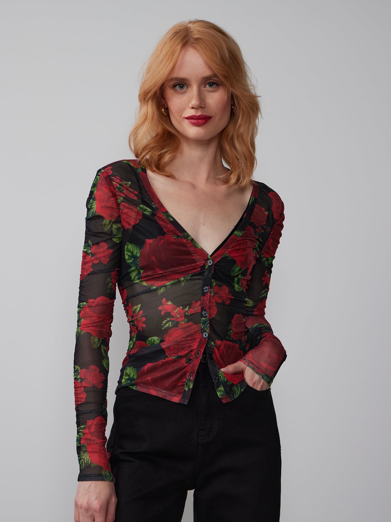 Ruched Mesh Button Front Floral Top – New York & Company