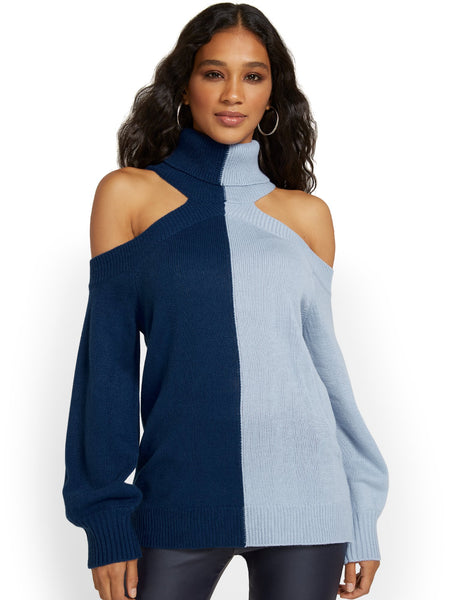 アイレネ⭐️ルシェルブルー⭐️Rib Cold Shoulder TOPS Cold-Shoulder Colorblock Sweater – New York & Company