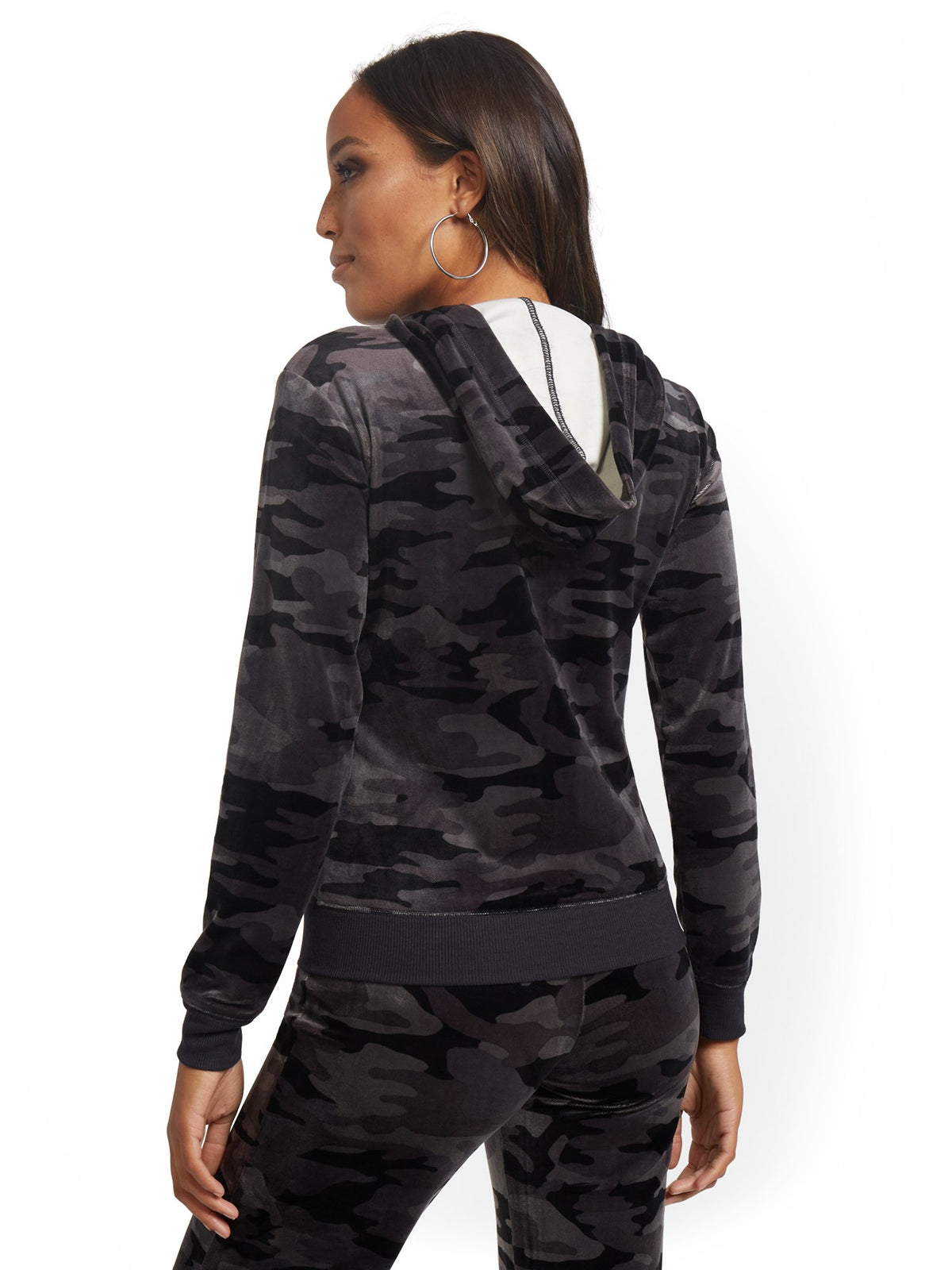 Camo-Print Hooded Velour Zip-Front Jacket - Dreamy Velour 