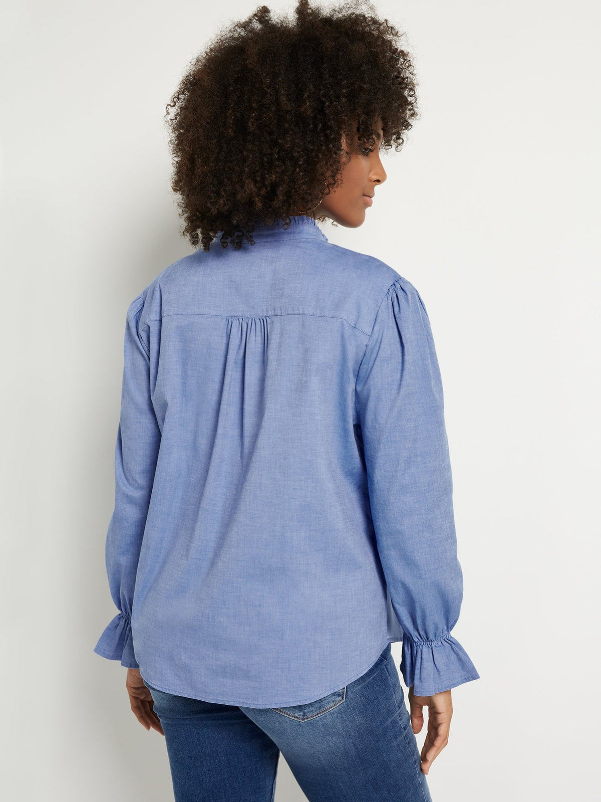 Ruffle Mock-Neck Denim Top – New York & Company