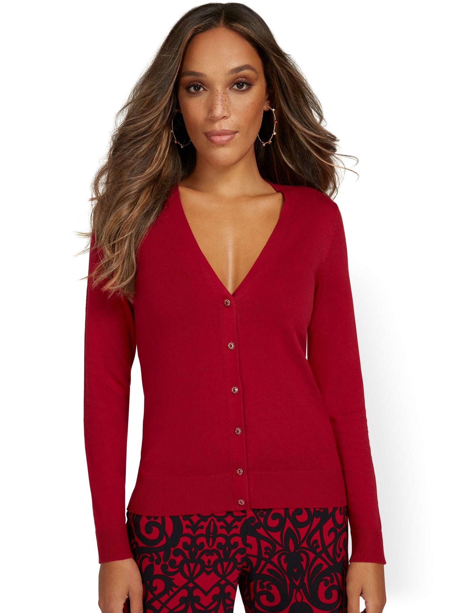 Jeweled-Button Chelsea V-Neck Cardigan – New York & Company