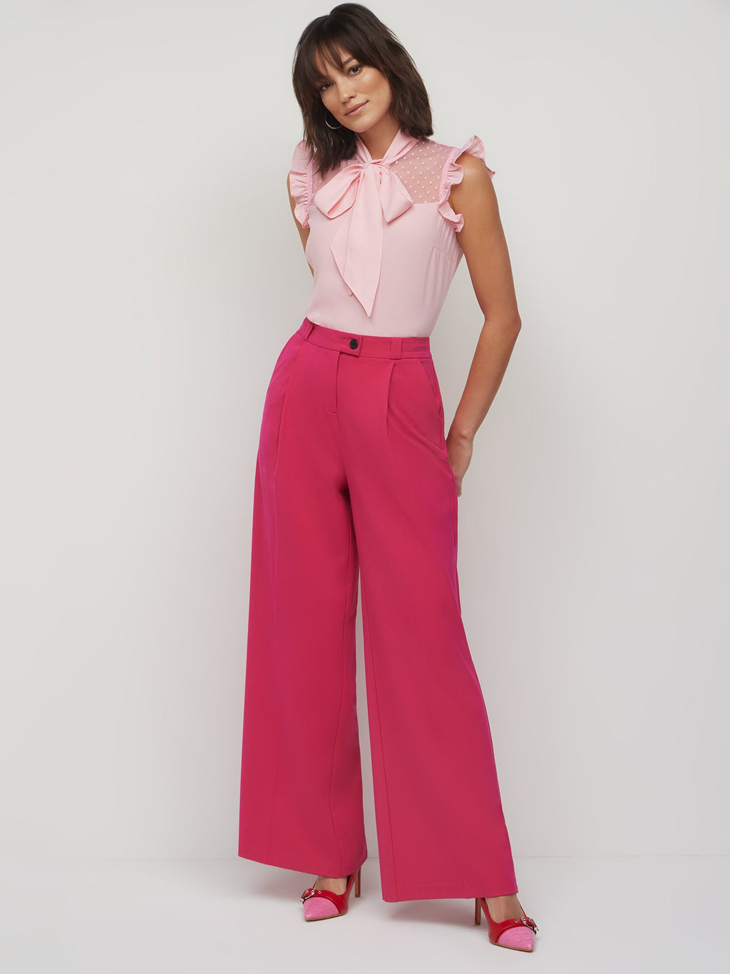 Tummy Control Pants Pink Queen Wide Leg Dress Pants - High Waisted Palazzo Pants With Button Detail For Work Textured Dress Pants For Women Tummy Control Pants Pink Queen Wide Leg Dress Pants - High Waisted Palazzo Pants With Button Detail For Work Textured Dress Pants For Women