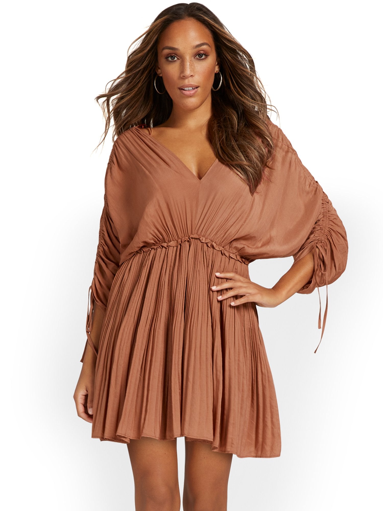 open lace back dress Mustard Seed Ruched Tie-Sleeve Dress