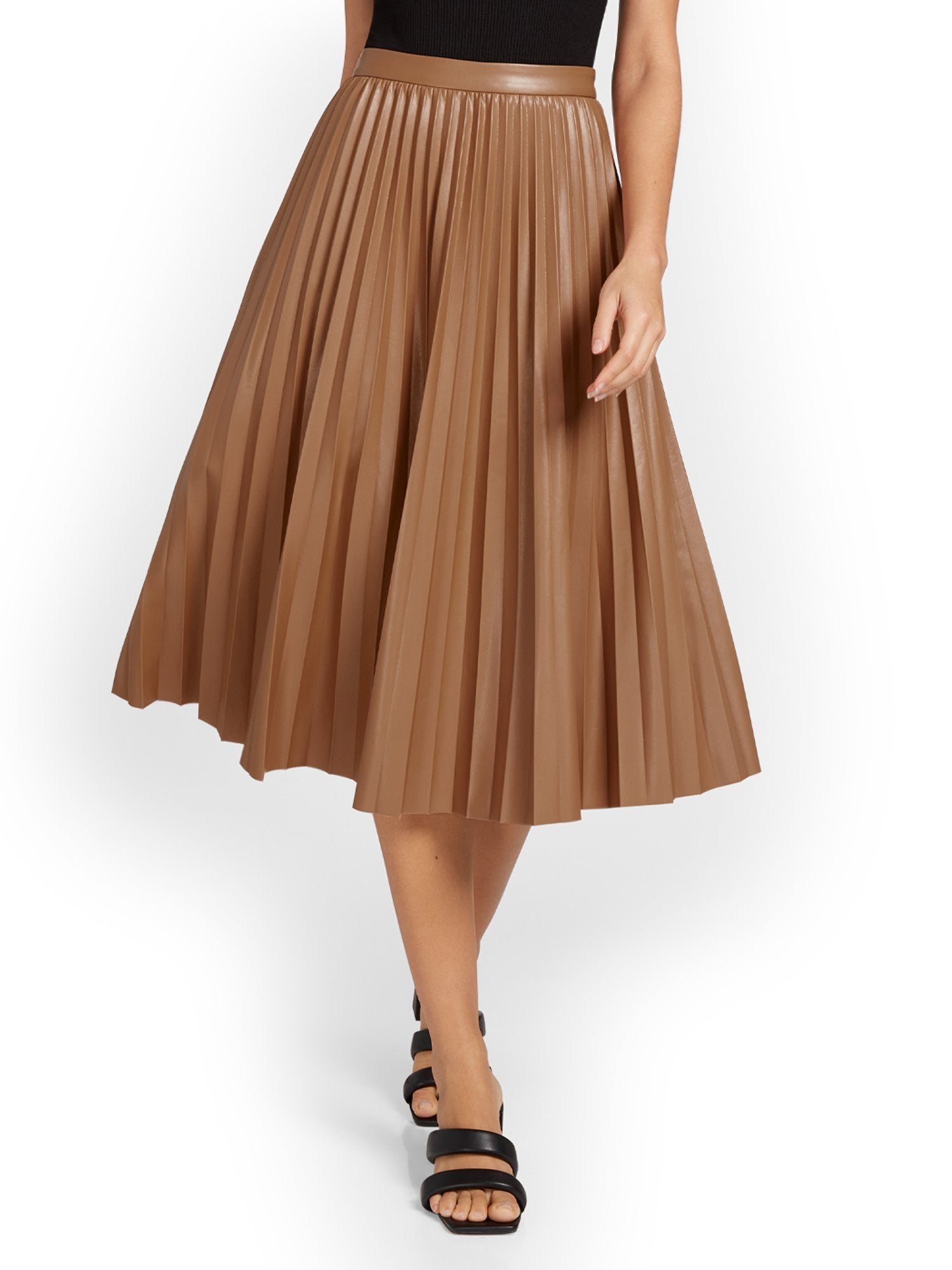 See And Be Seen Faux-Leather Pleated Midi Skirt - Brands We Love New York & Company See And Be Seen Faux-Leather Pleated Midi Skirt - Brands We Love New York & Company