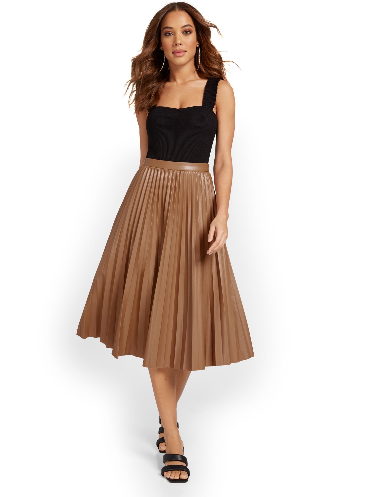 See And Be Seen Faux-Leather Pleated Midi Skirt Brands We Love