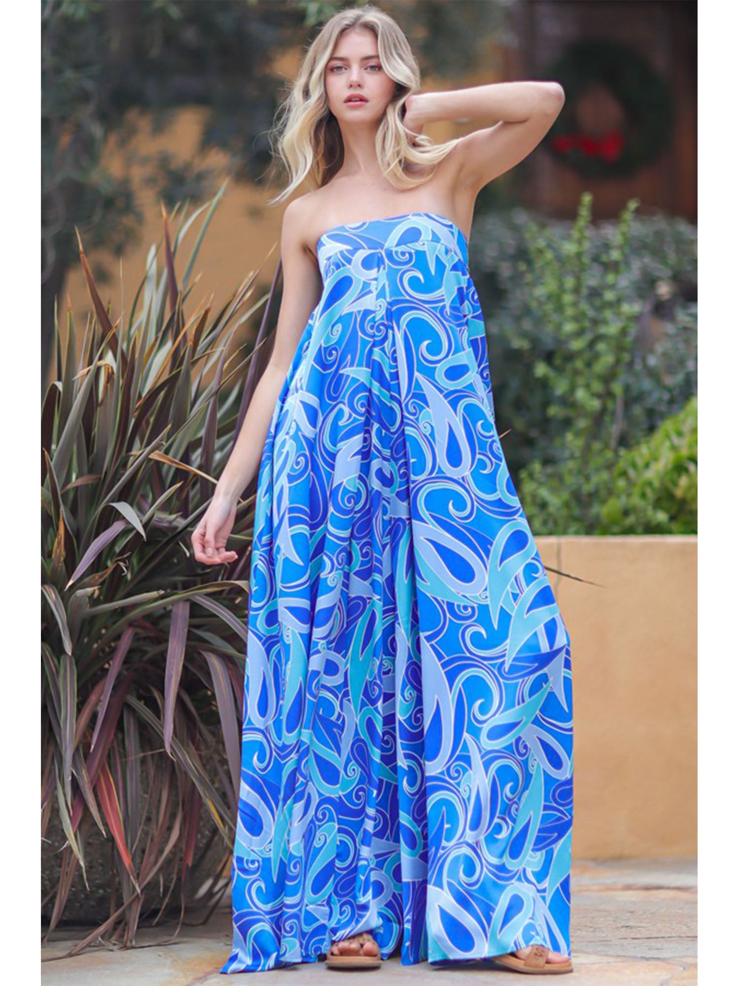 Aakaa Strapless Blue Swirl Jumpsuit