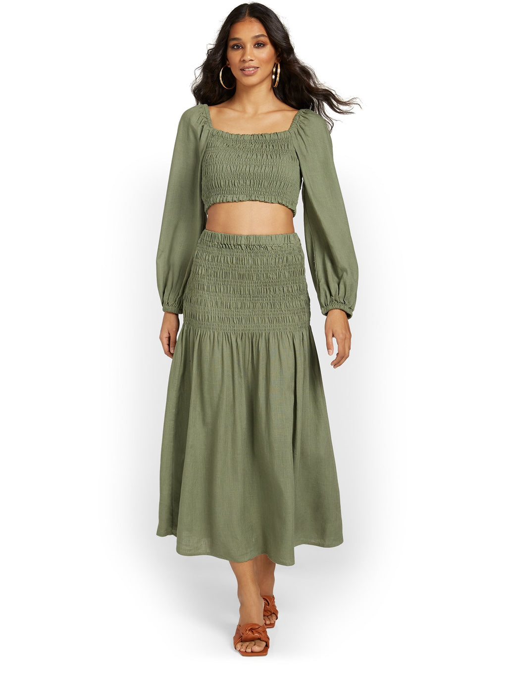 Crescent 2-Piece Smocked Long-Sleeve Crop Top & Maxi Skirt Set - Brand   New York & Company