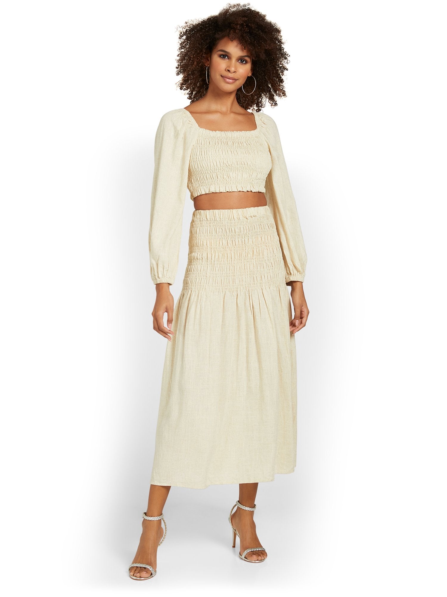 Crescent 2-Piece Smocked Long-Sleeve Crop Top & Maxi Skirt Set - Brand   New York & Company