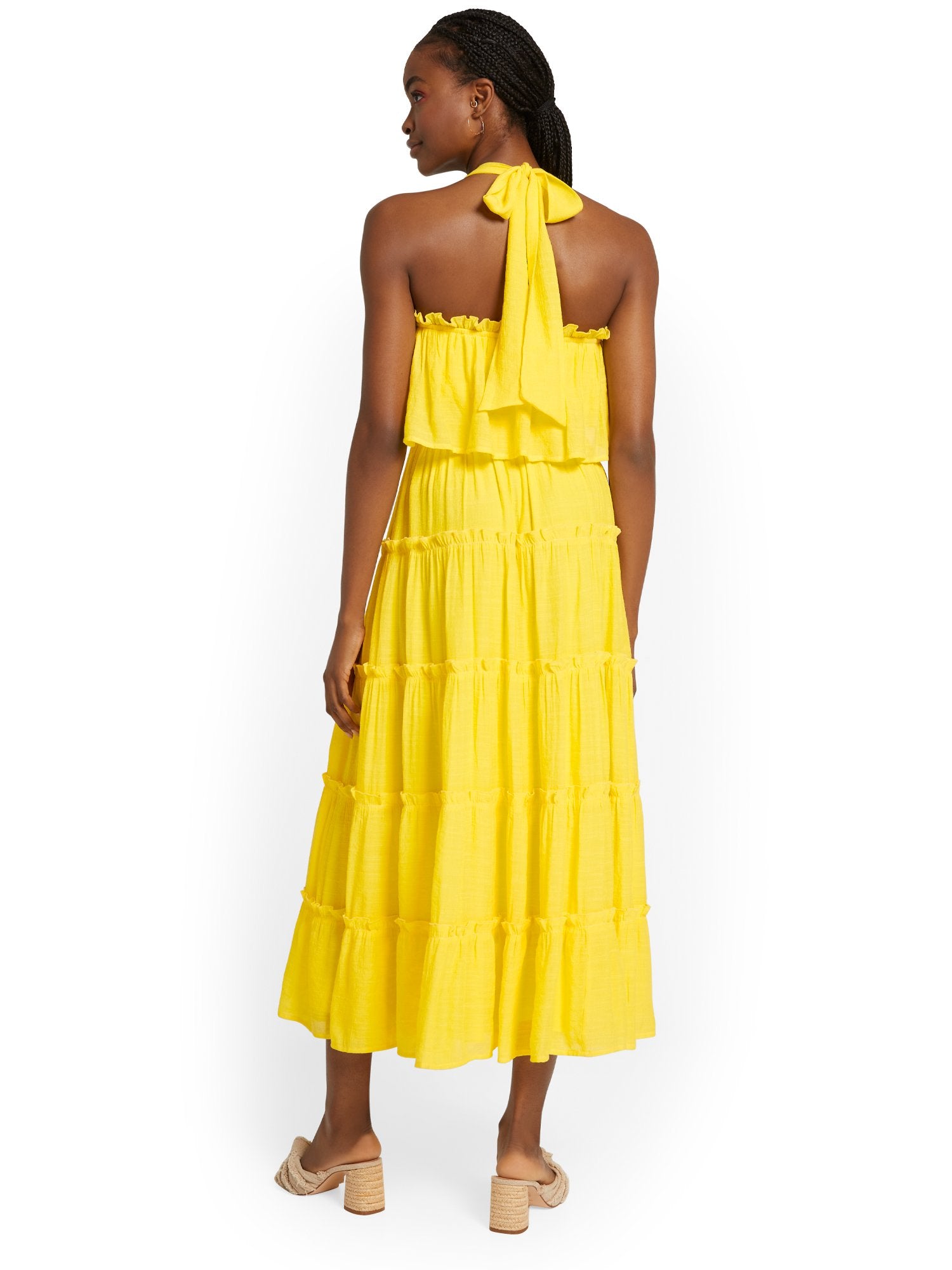 yellow midi dress outfit Flying Tomato Halterneck Ruffle-Front Midi Dress