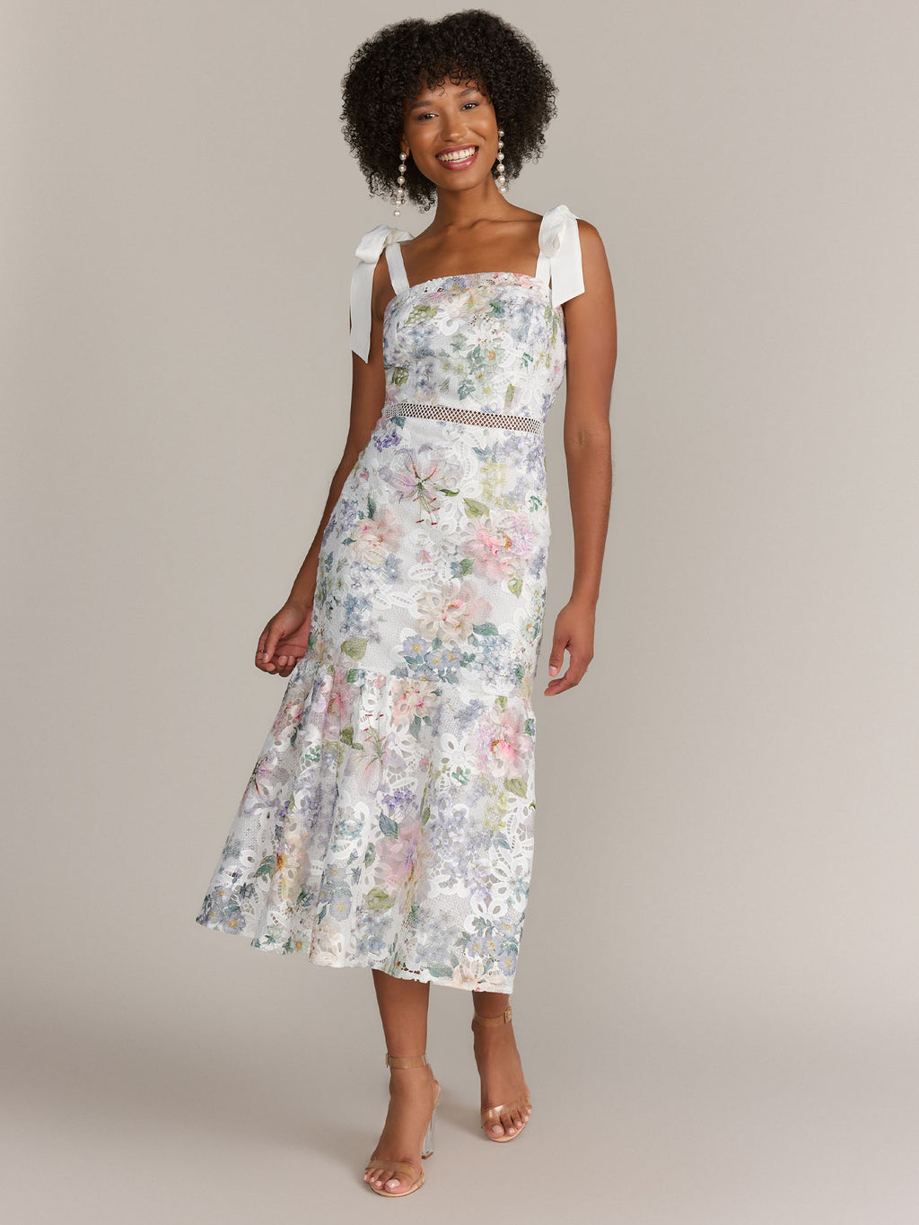 Just Me Tie Shoulder Floral Print Lace Midi Dress