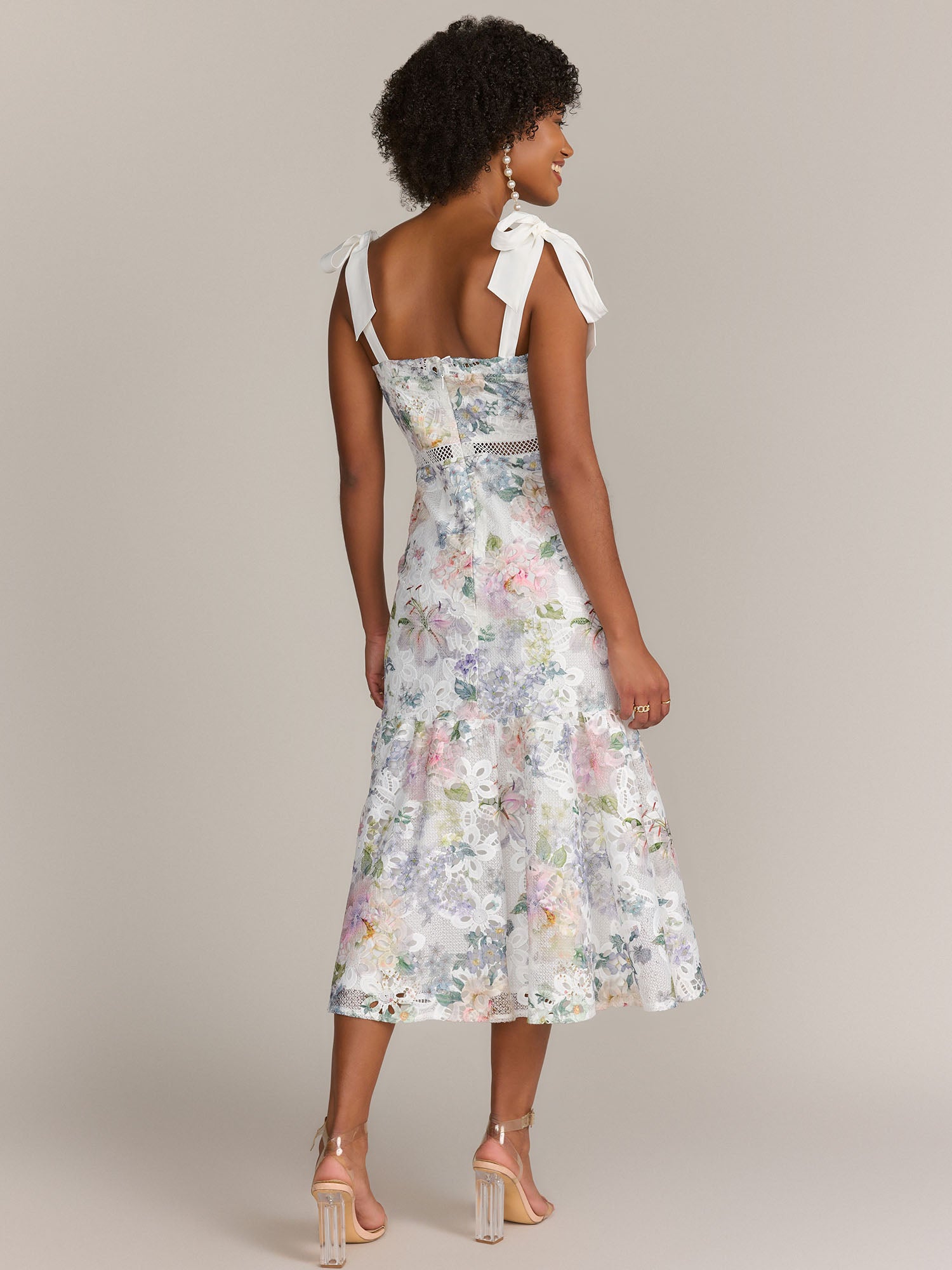 Just Me Tie Shoulder Floral Print Lace Midi Dress - Brands We Love Just Me Tie Shoulder Floral Print Lace Midi Dress - Brands We Love