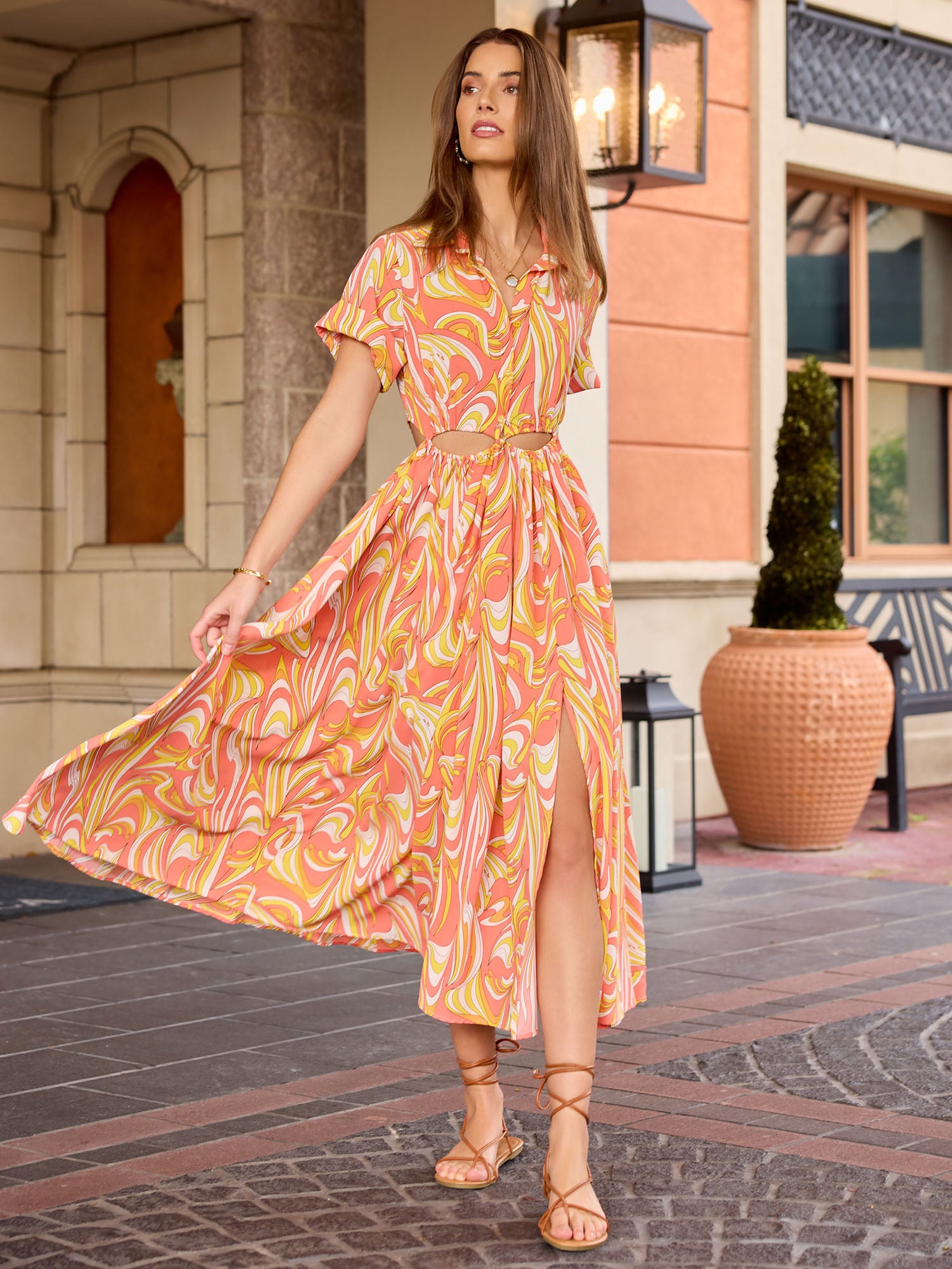 Waist Cut-Out Multi Print Dress